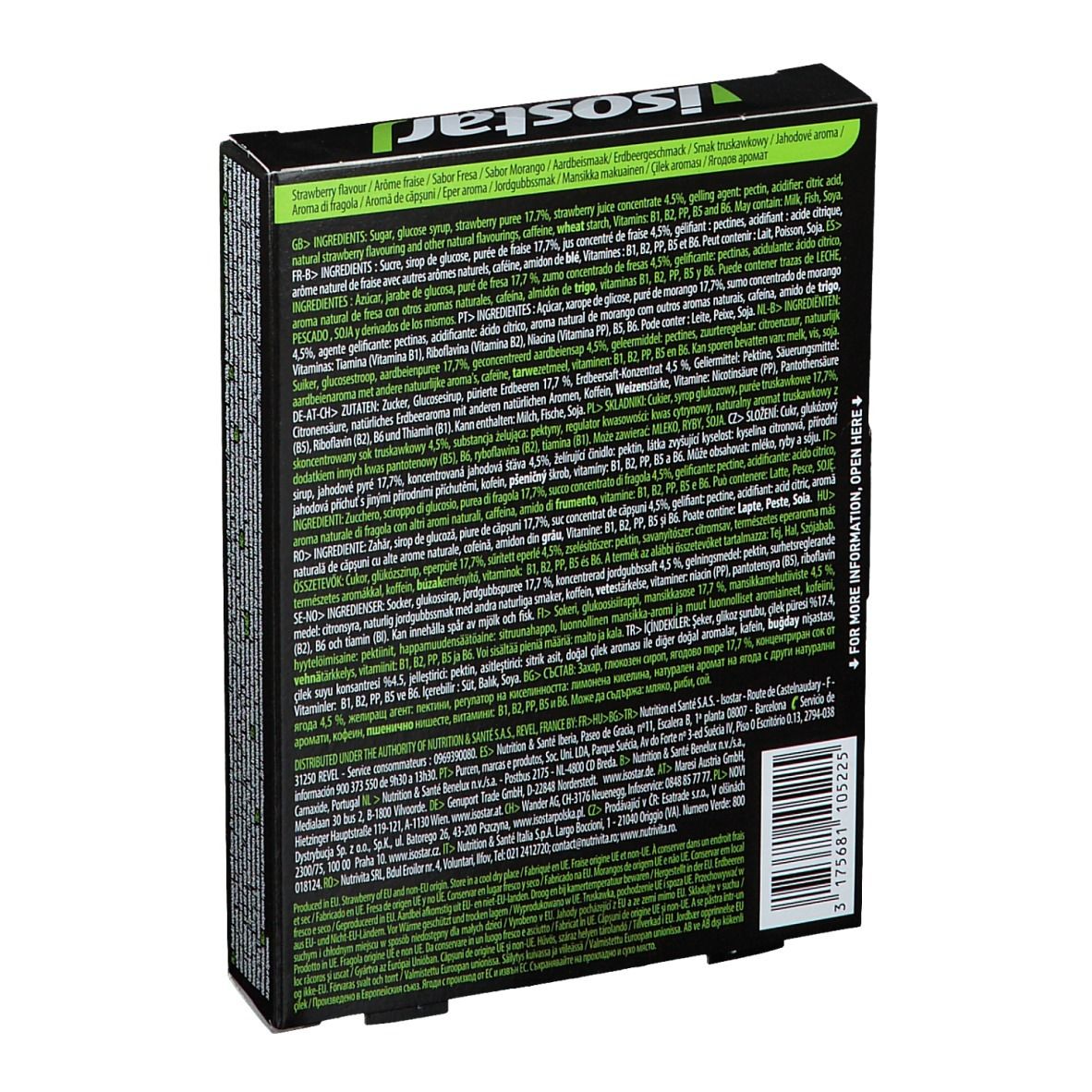 Dos de la boîte Isostar Fruit Boost Energy. Texte : ingrédients, valeurs nutritionnelles, informations fabricant, code-barres.