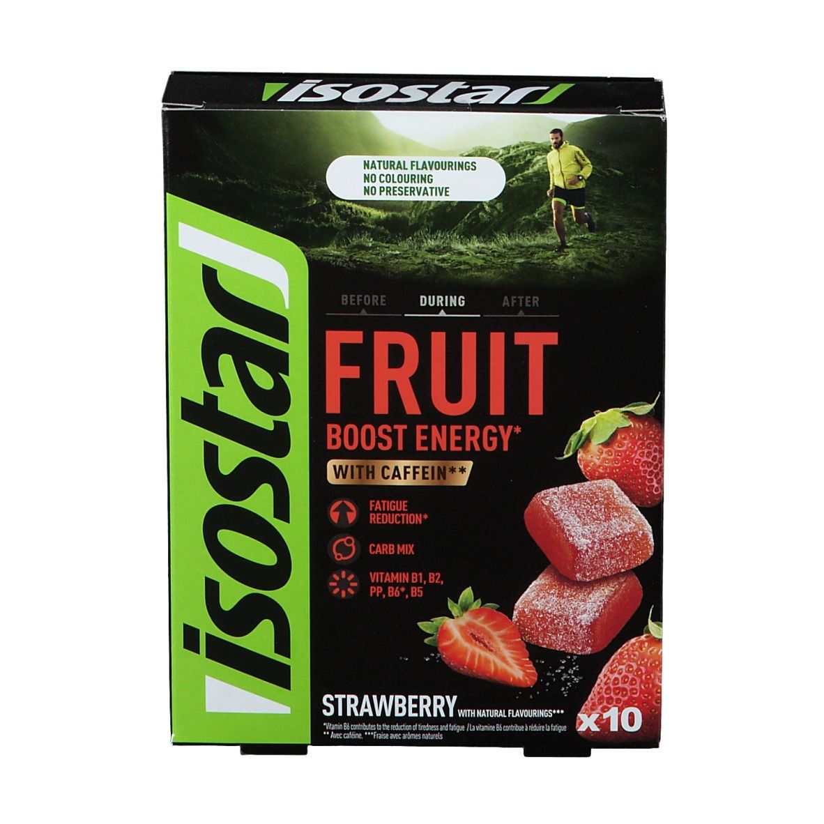 Boîte Isostar Fruit Boost Energy saveur fraise. Contient 10 pièces. Inscriptions : caféine, vitamines, mélange de glucides.