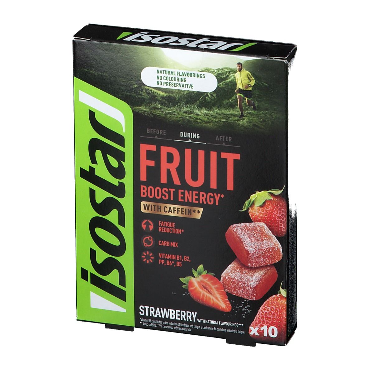 Boîte Isostar Fruit Boost Energy saveur fraise. Contient 10 pièces. Inscriptions : caféine, vitamines, mélange de glucides.