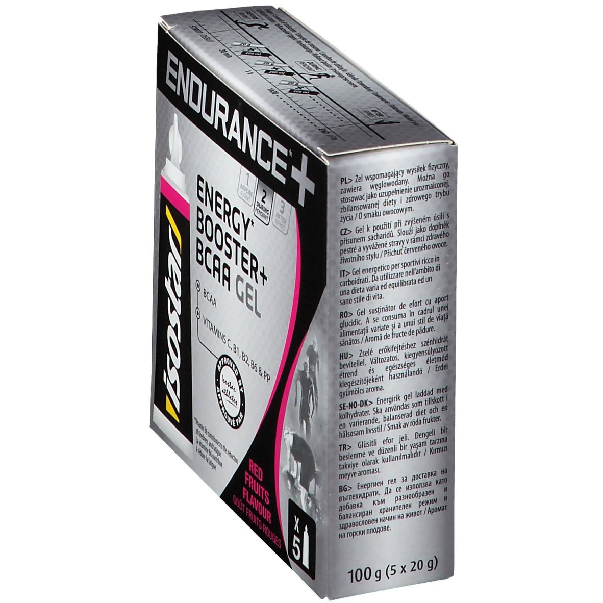 Verpackung mit 5 Gels. Aufschrift: Endurance+, Energy Booster+ BCAA Gel, rote Früchte. Enthält Vitamine C, B1, B2, B6 & PP. Isostar Logo.