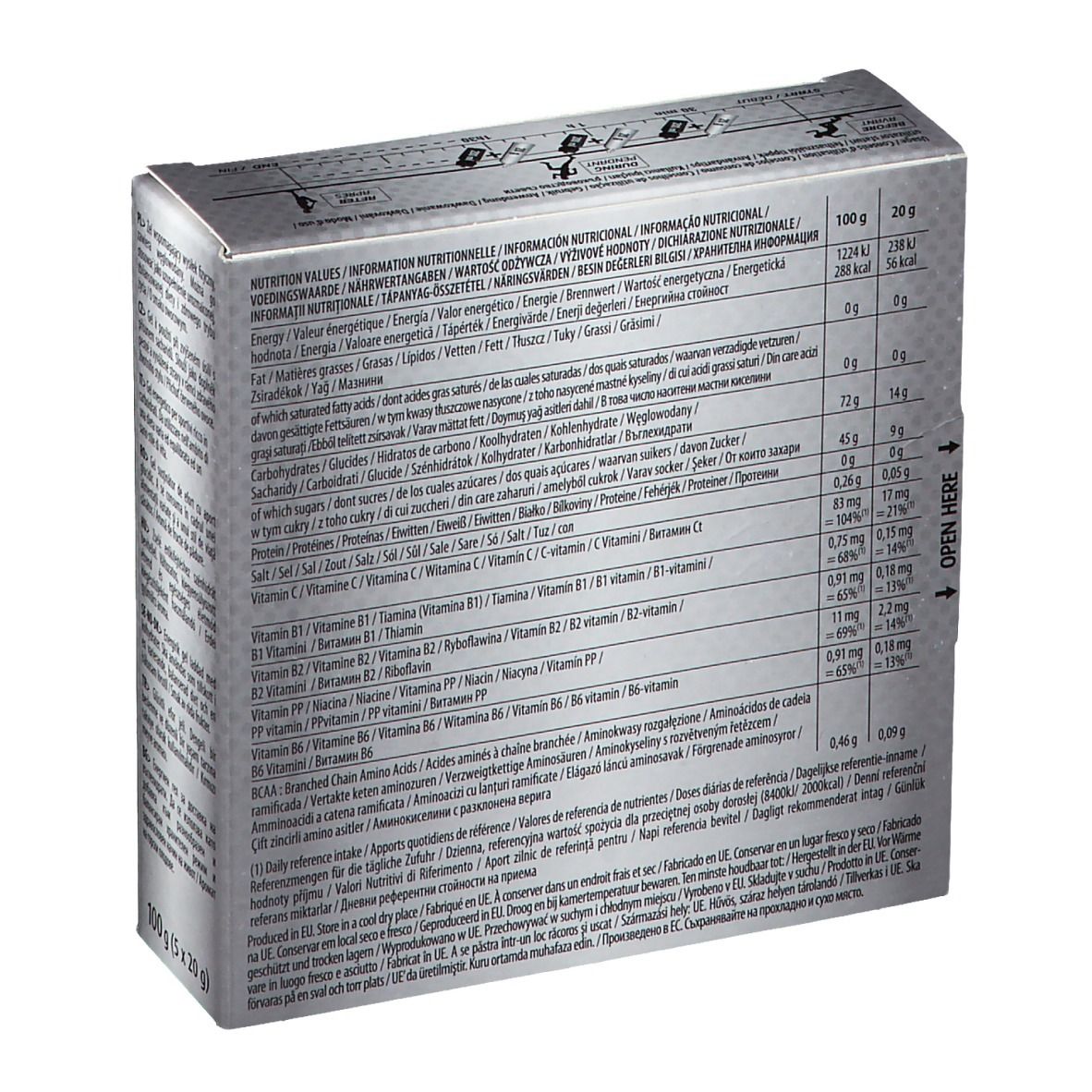 Rückseite der Verpackung. Enthält Nährwertangaben und Inhaltsstoffe. Aufschrift: 100g (5 x 20g).
