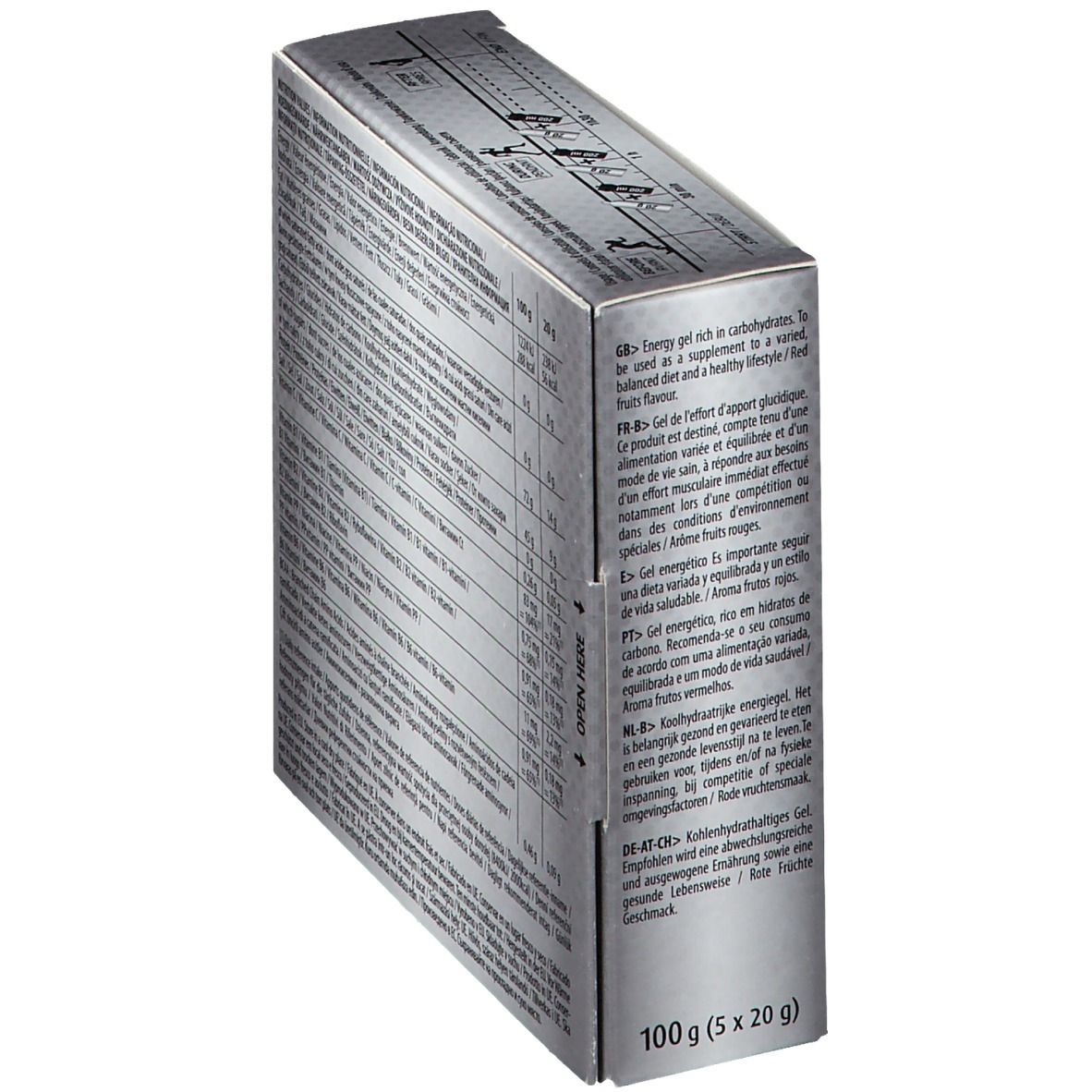 Seitenansicht der Verpackung. Enthält Informationen über die Verwendung. Aufschrift: 100g (5 x 20g).