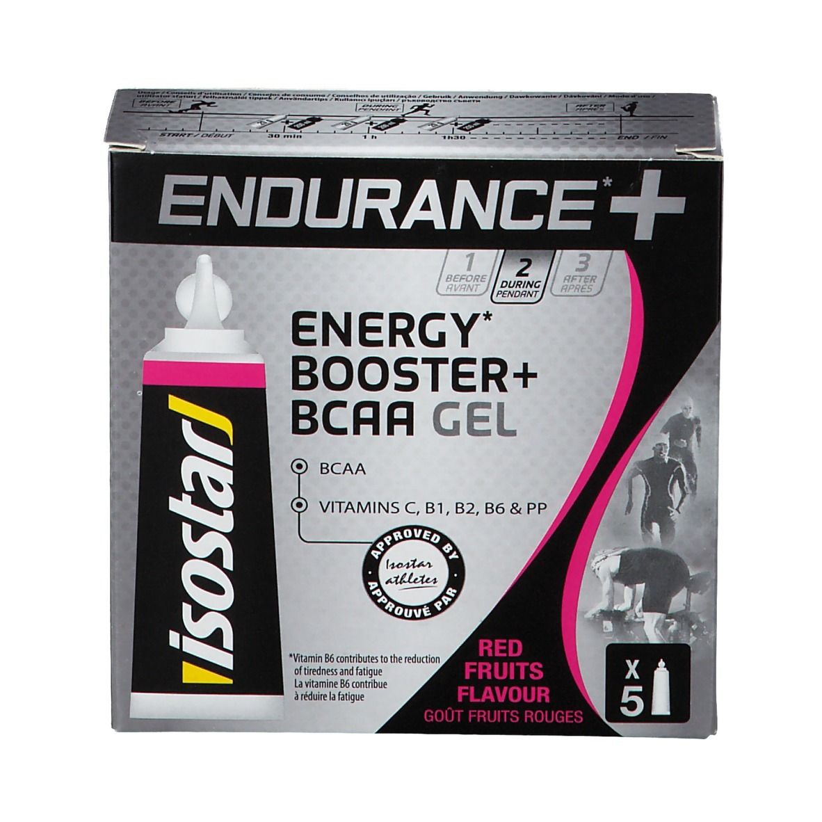Verpackung mit 5 Gels. Aufschrift: Endurance+, Energy Booster+ BCAA Gel, rote Früchte. Enthält Vitamine C, B1, B2, B6 & PP. Isostar Logo.