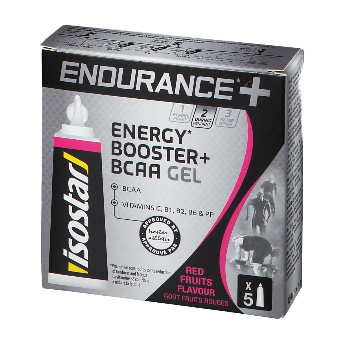 Verpackung mit 5 Gels. Aufschrift: Endurance+, Energy Booster+ BCAA Gel, rote Früchte. Enthält Vitamine C, B1, B2, B6 & PP. Isostar Logo.