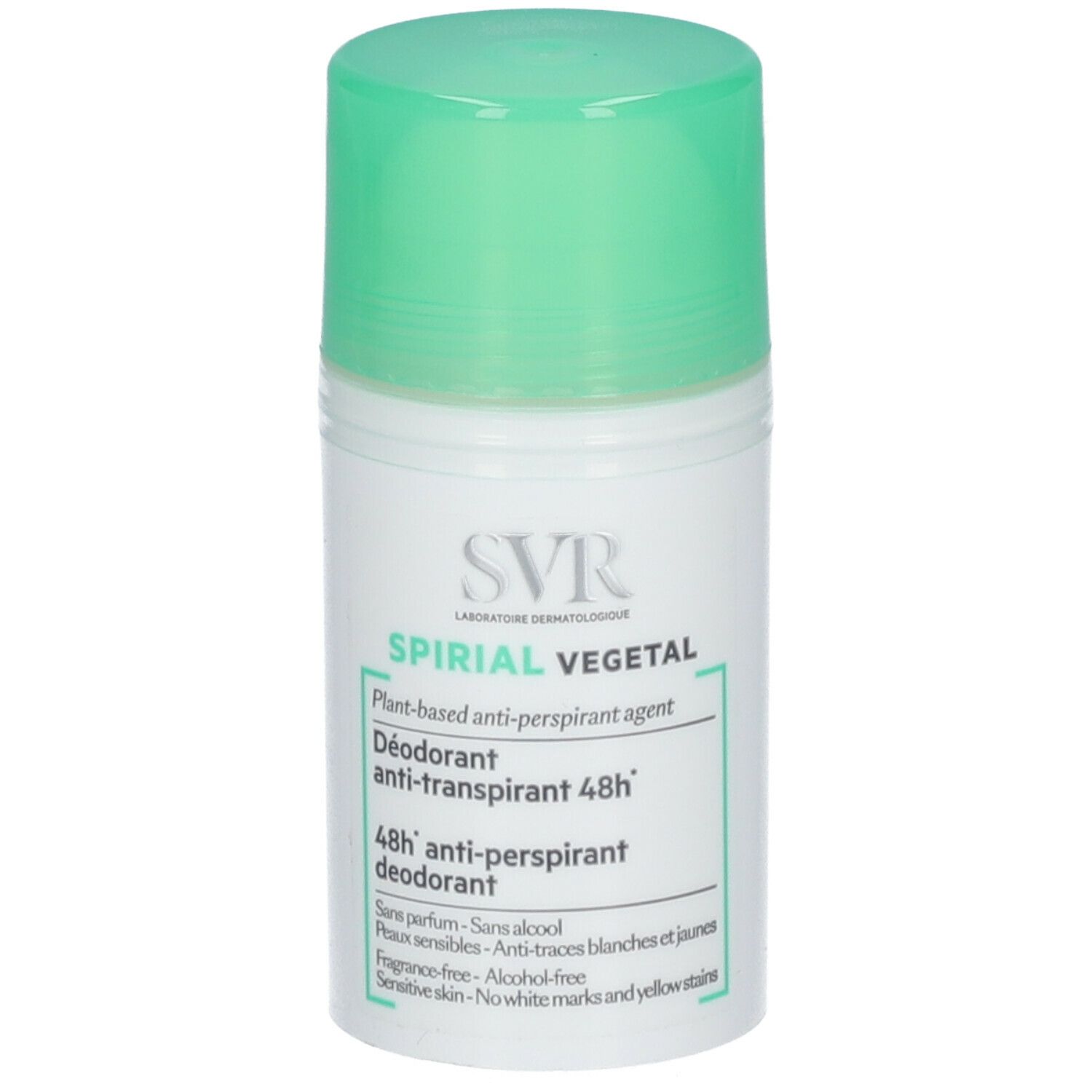 SVR SPIRIAL VEGETAL Deodorant-Roller. Weißer Behälter mit grünem Deckel. Text: 48h anti-transpirant, sans alcool.