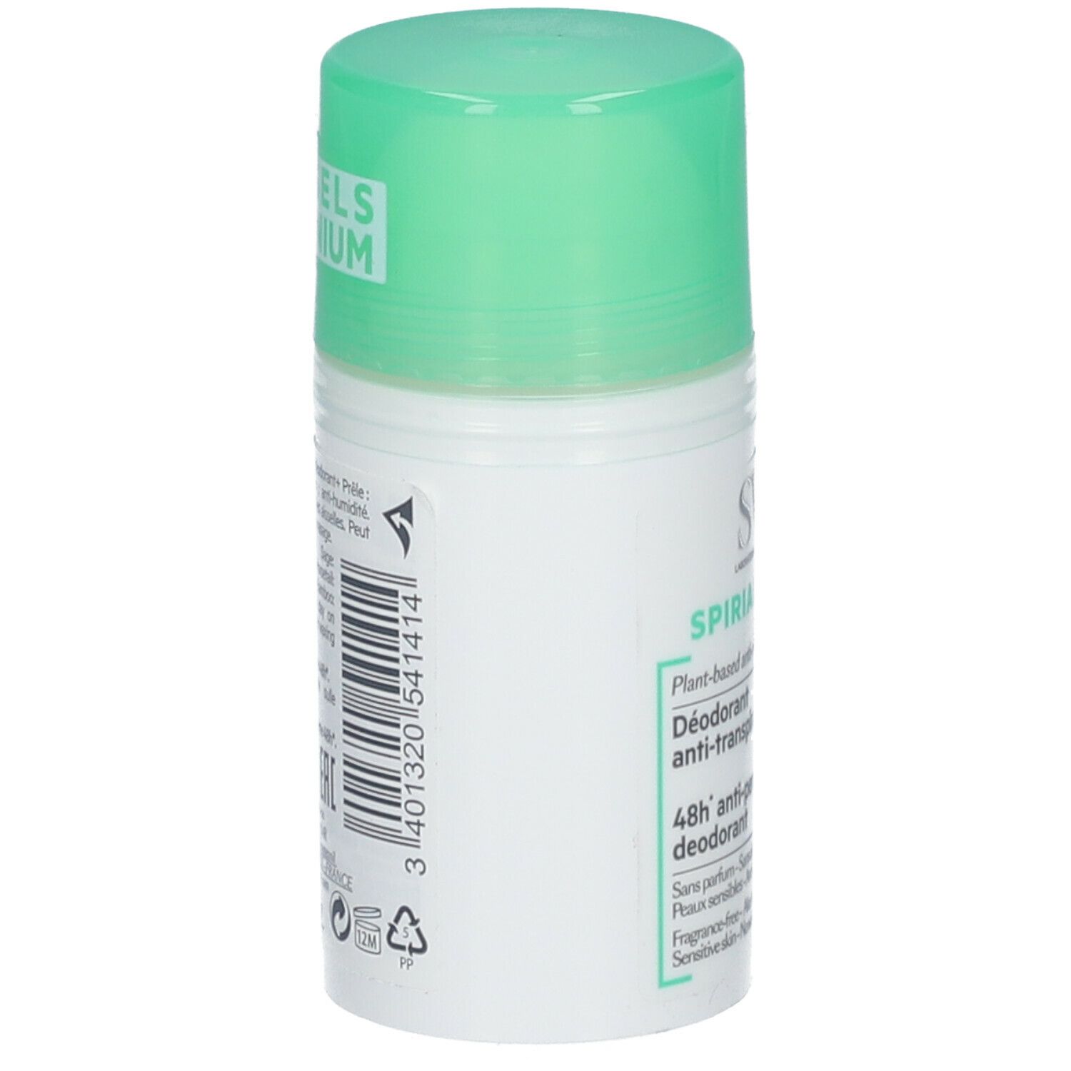 SVR SPIRIAL VEGETAL Deodorant-Roller. Weißer Behälter mit grünem Deckel. Barcode und Text auf der Seite.