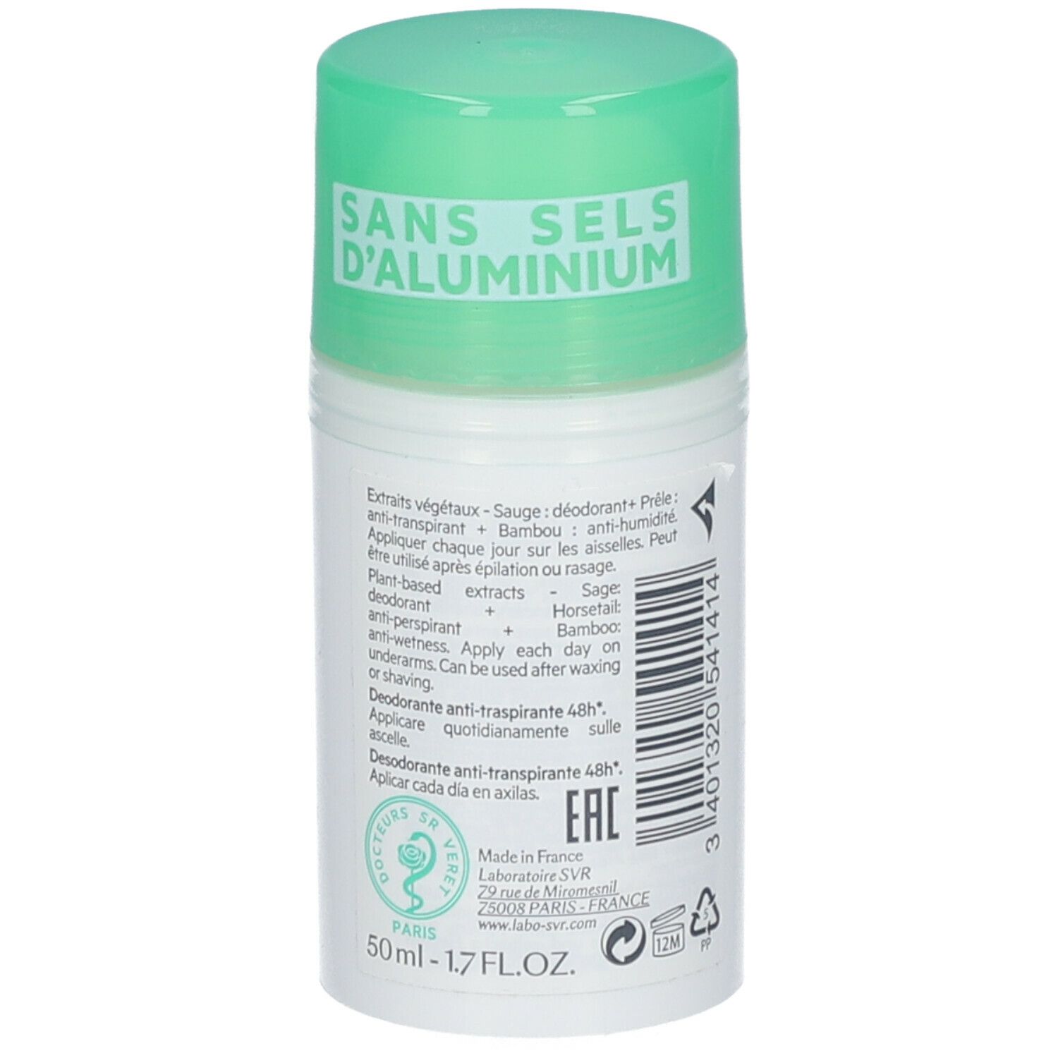 SVR SPIRIAL VEGETAL Deodorant-Roller. Rückseite mit Text: sans sels d'aluminium, Extrait végétaux, 50ml.