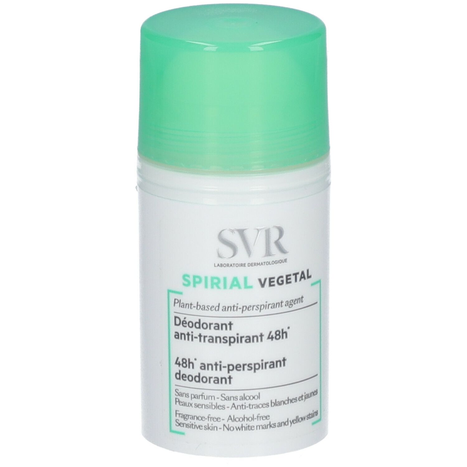 SVR SPIRIAL VEGETAL Deodorant-Roller. Weißer Behälter mit grünem Deckel. Text: 48h anti-transpirant, sans alcool.
