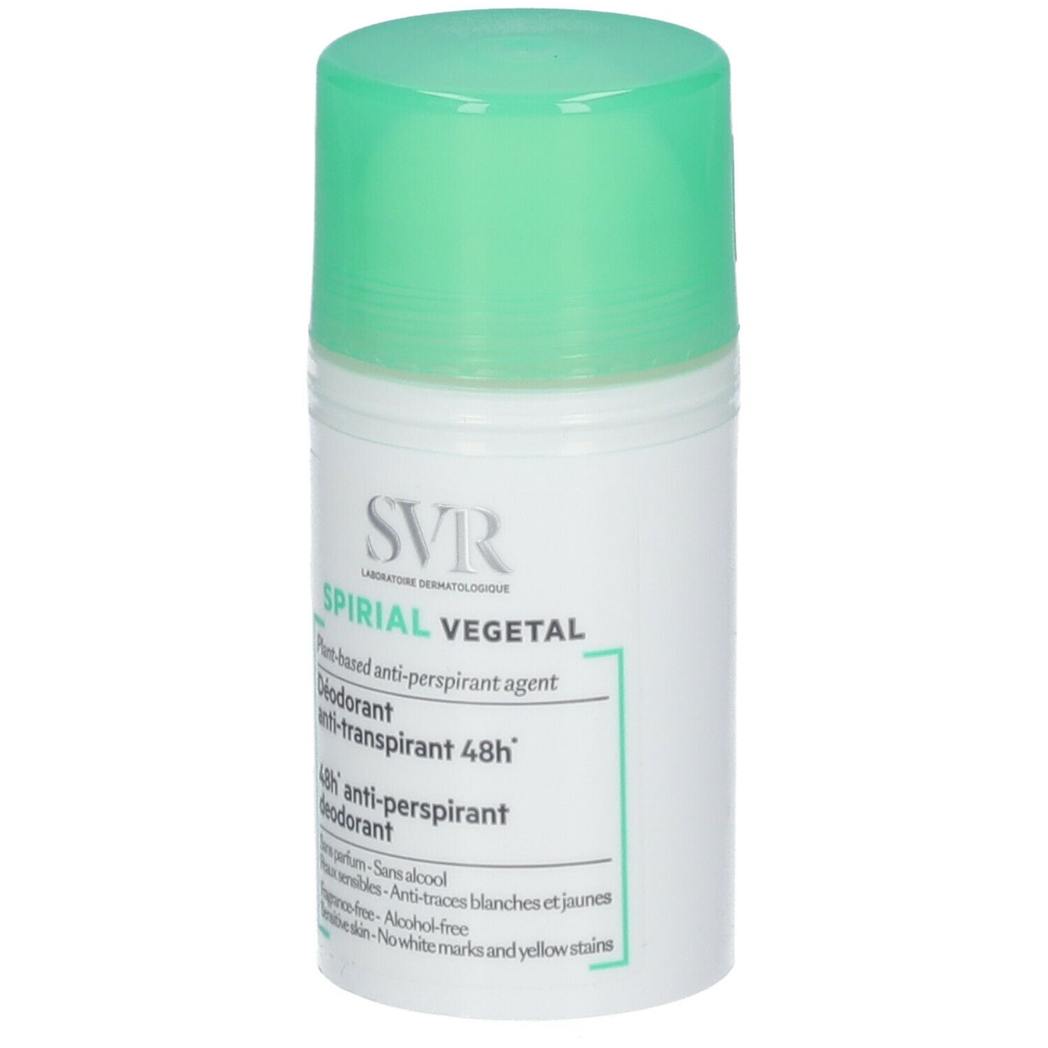 SVR SPIRIAL VEGETAL Deodorant-Roller. Weißer Behälter mit grünem Deckel. Text: 48h anti-transpirant, sans alcool.