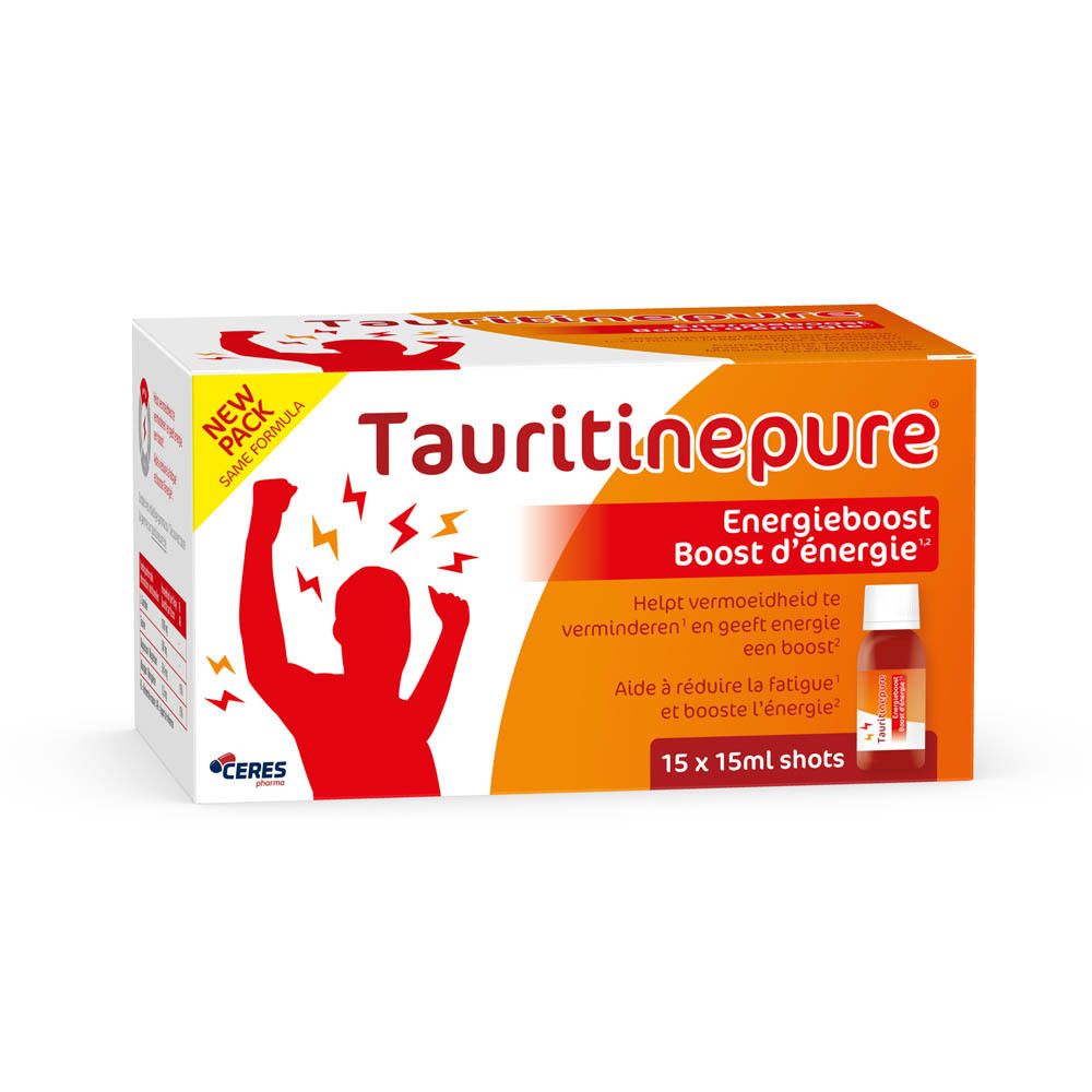 Verpakking van Tauritinepure. Oranje en wit, met productnaam, illustratie en tekst. Bevat 15 shots.