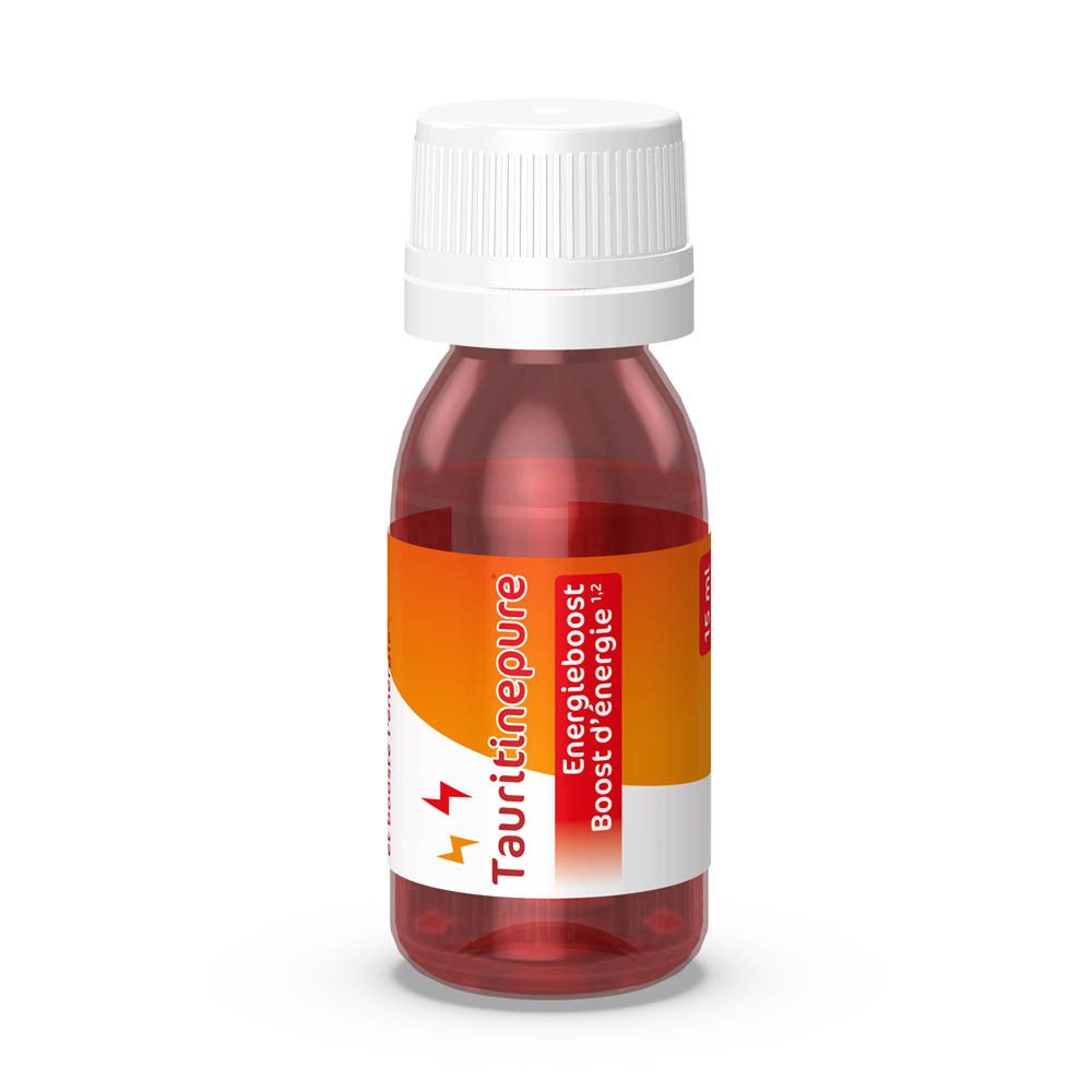 Enkele fles Tauritinepure. Rode vloeistof in een kleine fles met witte dop en etiket.