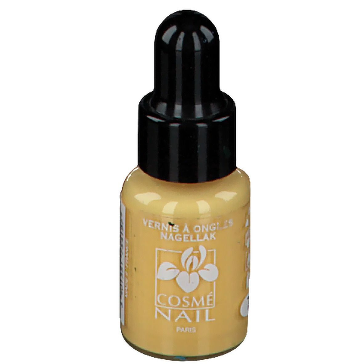 Vernis à ongles jaune en flacon compte-gouttes avec bouchon noir. Inscription : Cosménail Paris.