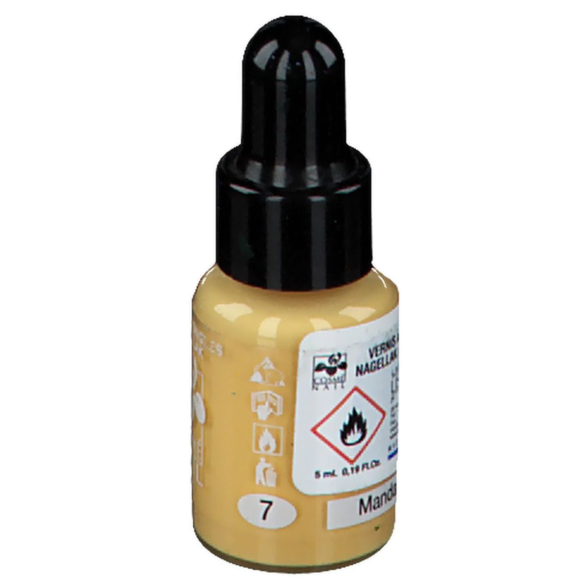 Vernis à ongles jaune en flacon compte-gouttes avec bouchon noir. Inscription : 7, Mandarine.