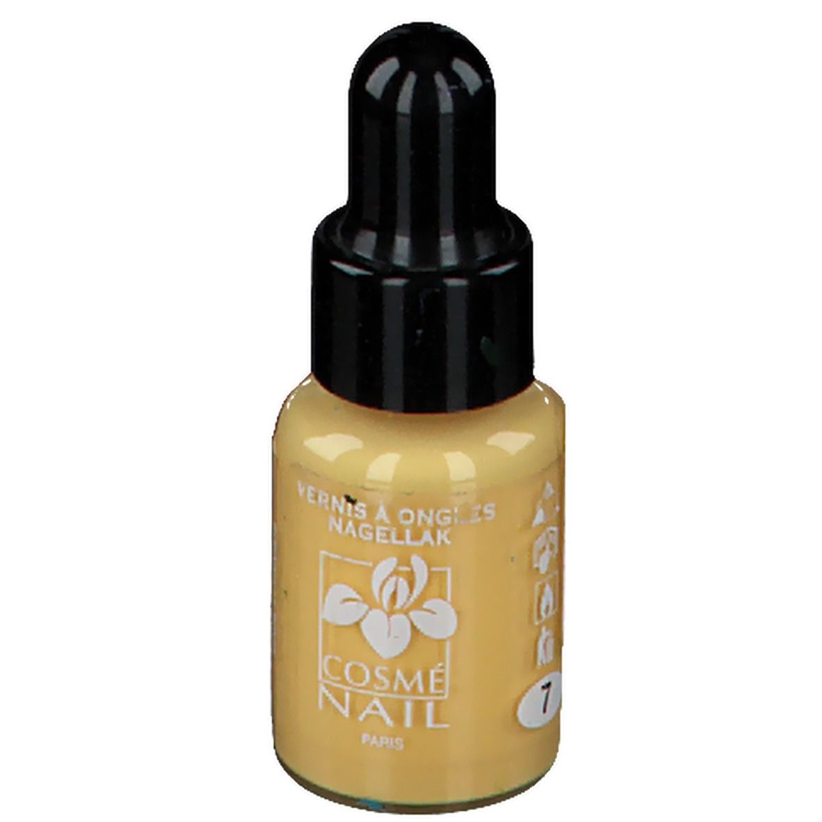 Vernis à ongles jaune en flacon compte-gouttes avec bouchon noir. Inscription : Cosménail Paris, 7.