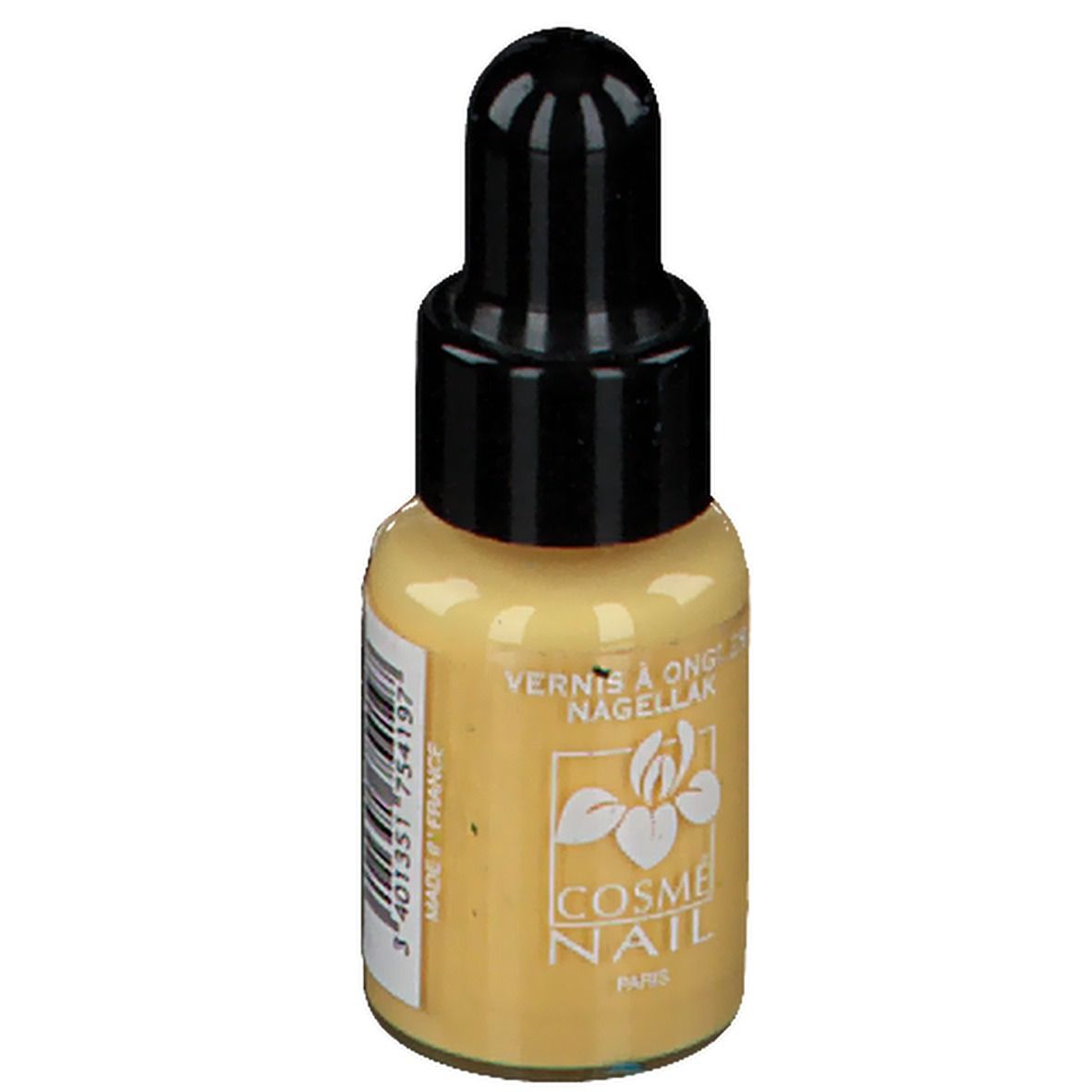 Vernis à ongles jaune en flacon compte-gouttes avec bouchon noir. Inscription : Cosménail Paris, Made in France.