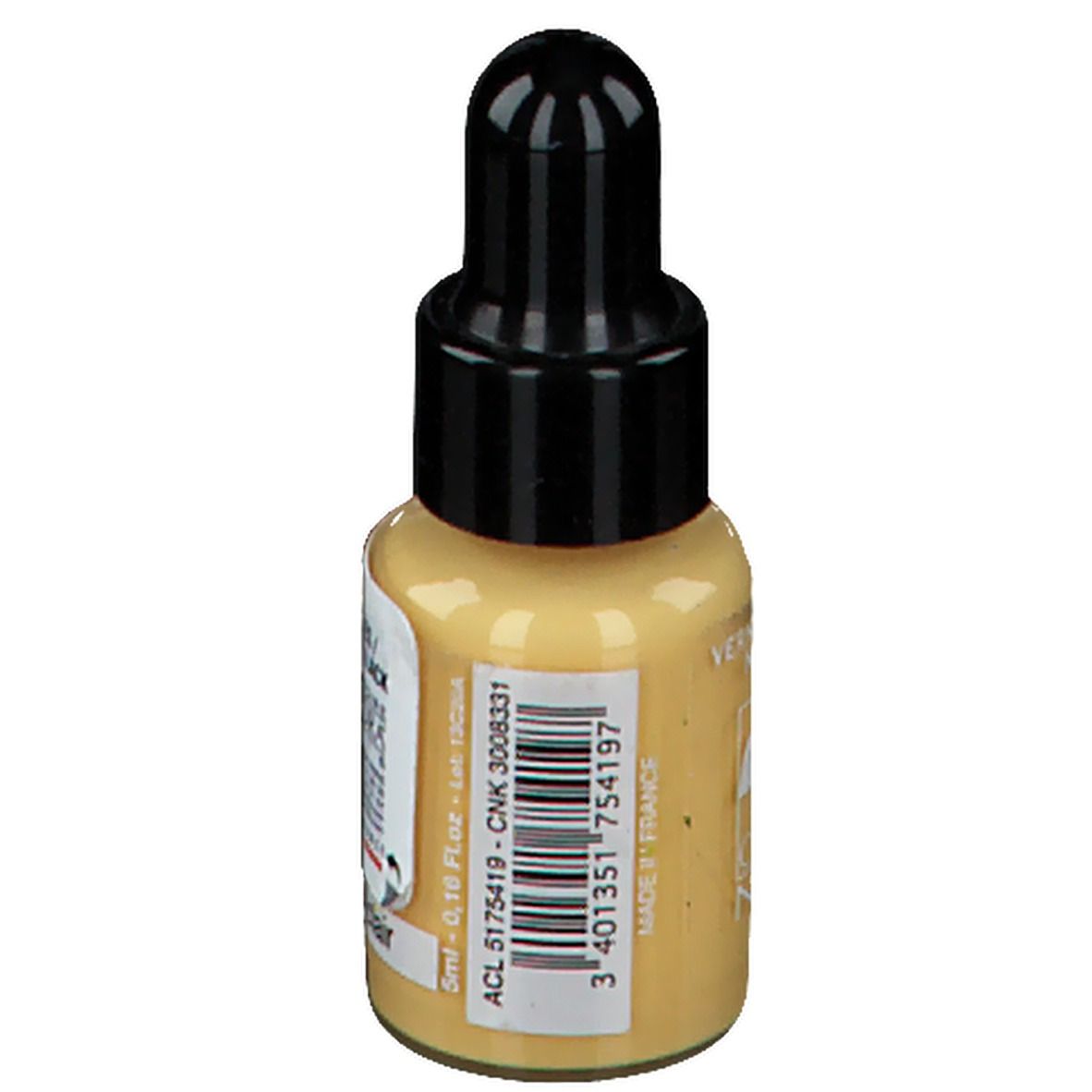 Vernis à ongles jaune en flacon compte-gouttes avec bouchon noir. Inscription : 5ml, Made in France.