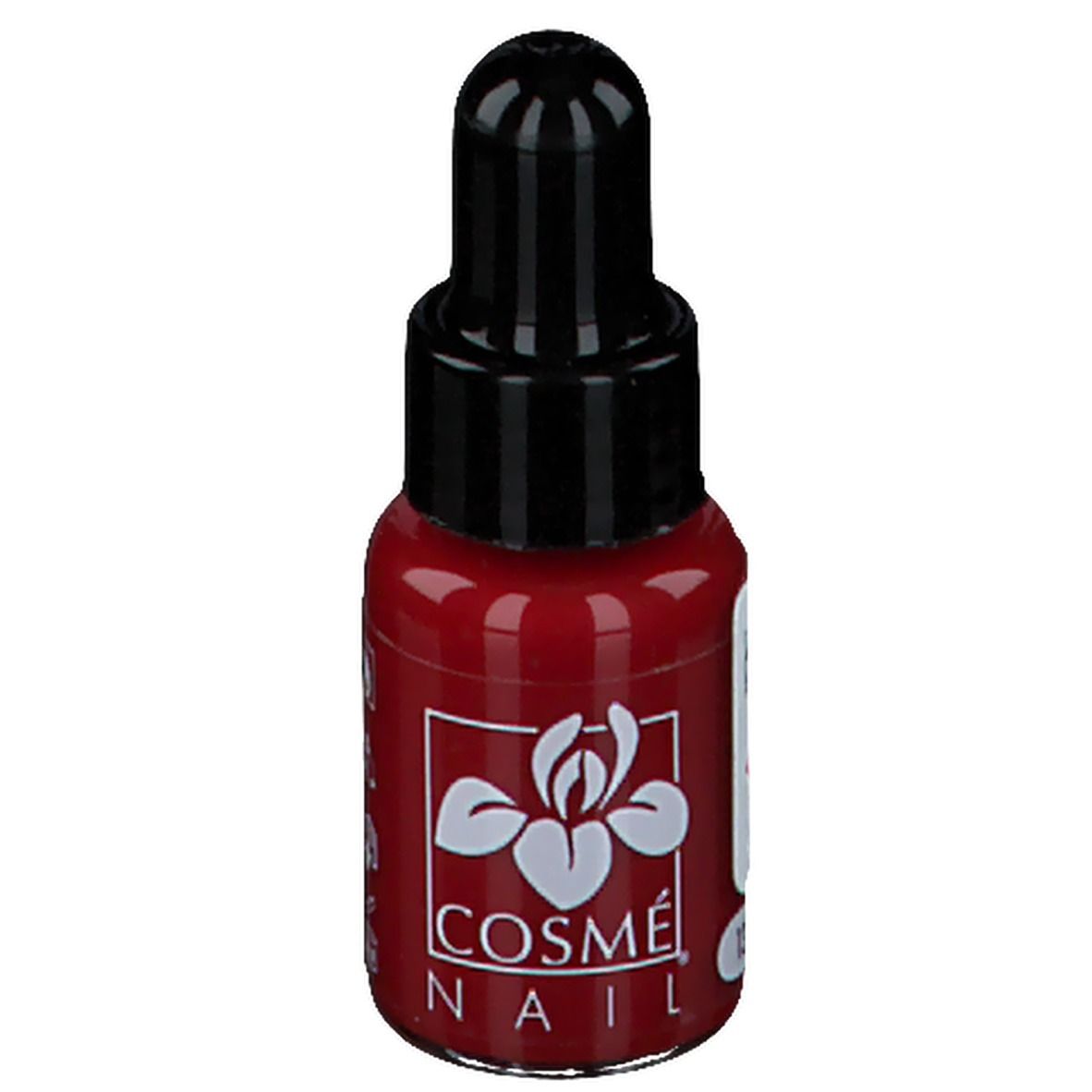 Flacon de vernis à ongles rouge avec bouchon noir. Marque COSMÈ NAIL® Paris. Flacon avec compte-gouttes.