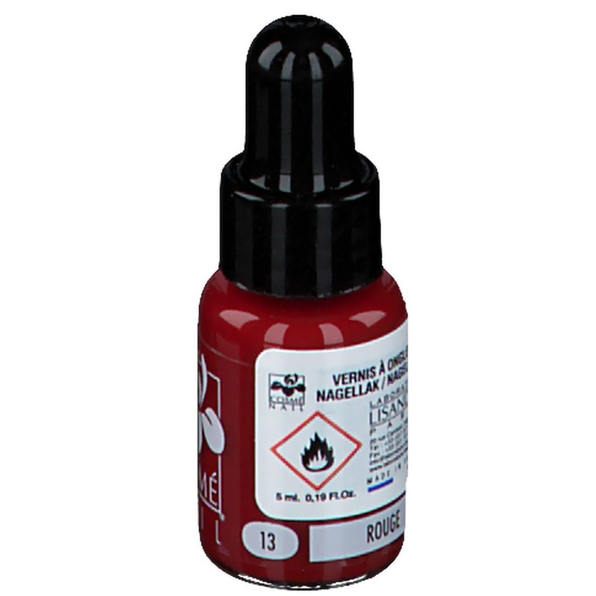 Flacon de vernis à ongles rouge avec bouchon noir. Marque COSMÈ NAIL®. Inscription: Rouge, 13. Avertissement.