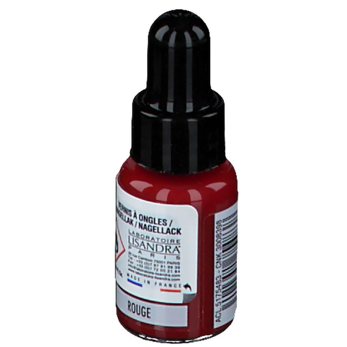 Flacon de vernis à ongles rouge avec bouchon noir. Inscription: Rouge. Laboratoire Lisandra Paris. Avertissement.