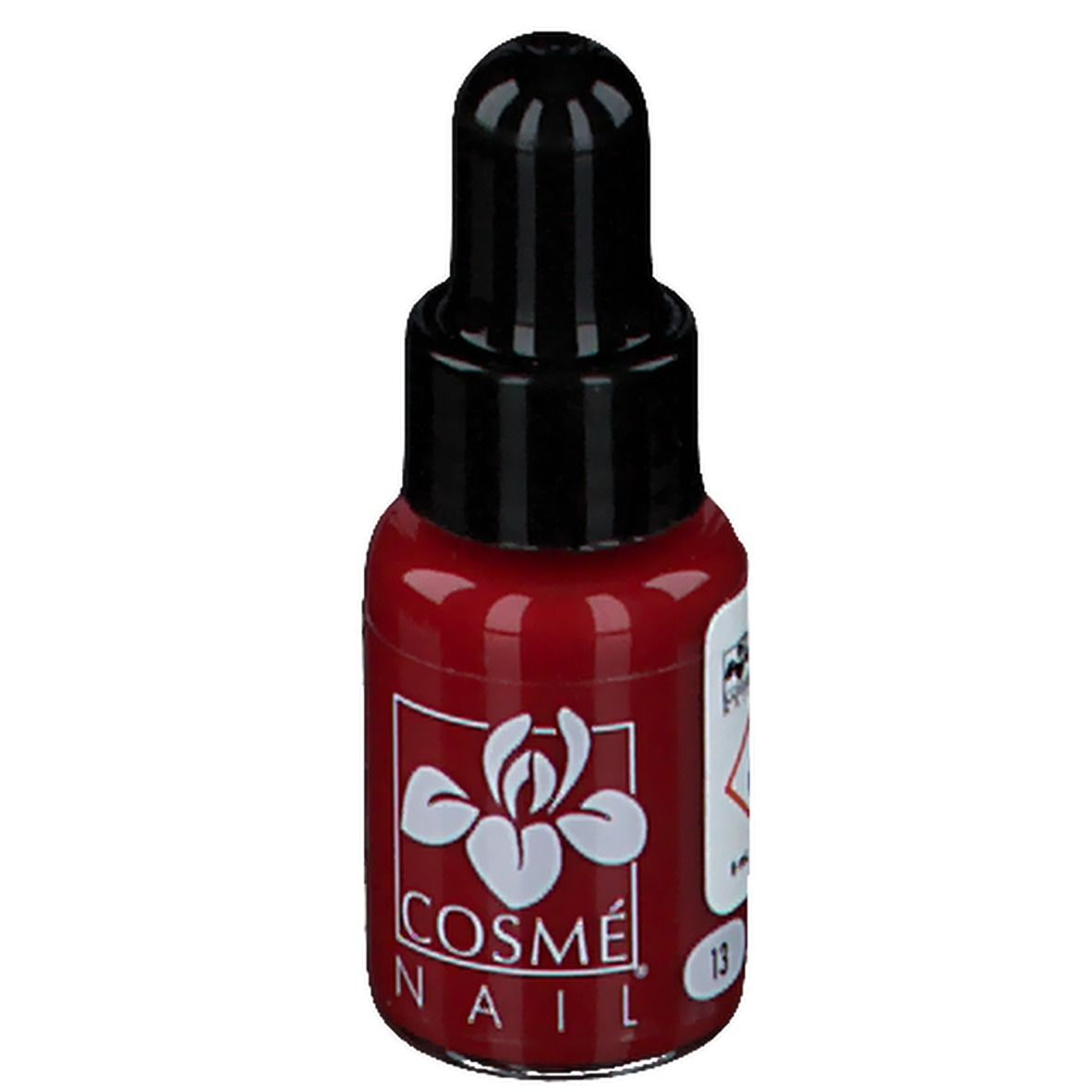 Flacon de vernis à ongles rouge avec bouchon noir. Marque COSMÈ NAIL®. Inscription: 13. Avertissement.