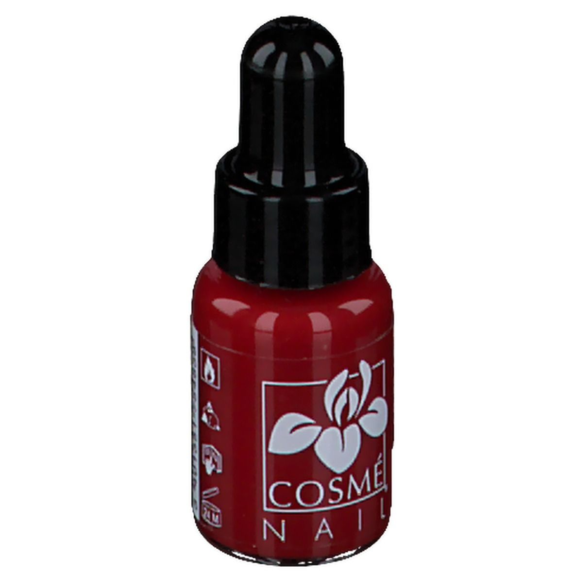Flacon de vernis à ongles rouge avec bouchon noir. Marque COSMÈ NAIL®. Avertissement.