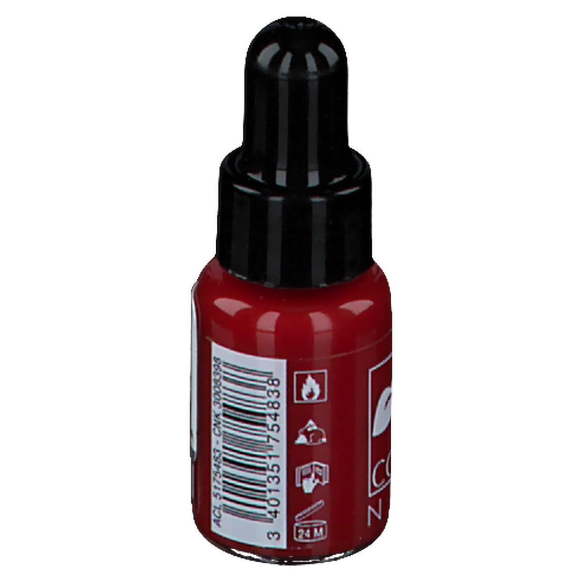 Flacon de vernis à ongles rouge avec bouchon noir. Avertissement. Inscription: COSMÈ NAIL® Paris. Informations produit.