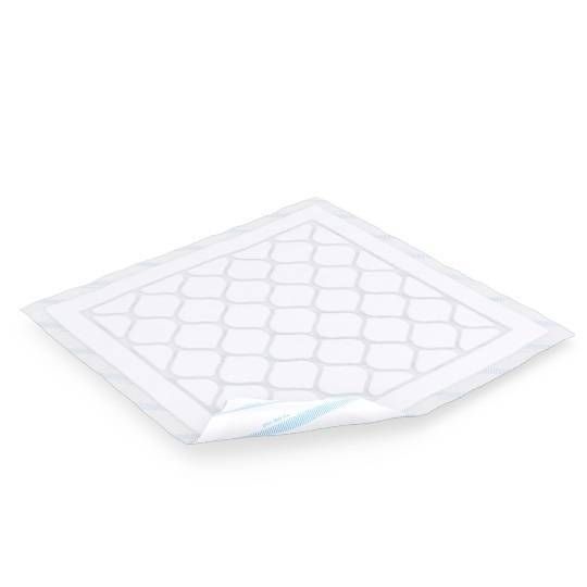 Offenes, quadratisches Inkontinenz-Pad. Weiße Oberfläche mit Muster. Blaue Kante.