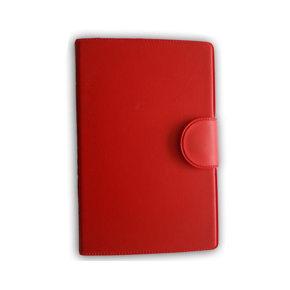 Étui rouge rectangulaire avec rabat arrondi. Fermé. Vue de dessus.