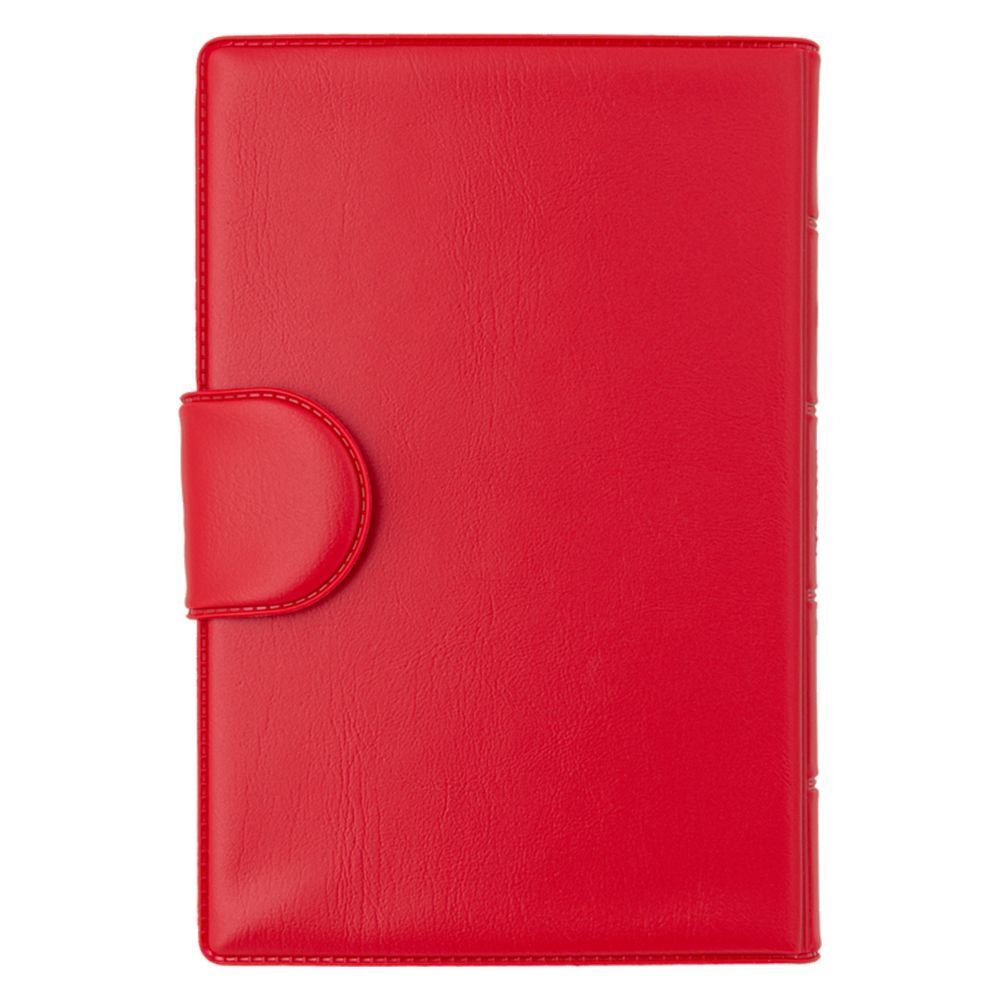 Étui rouge rectangulaire avec rabat arrondi. Fermé. Gros plan.