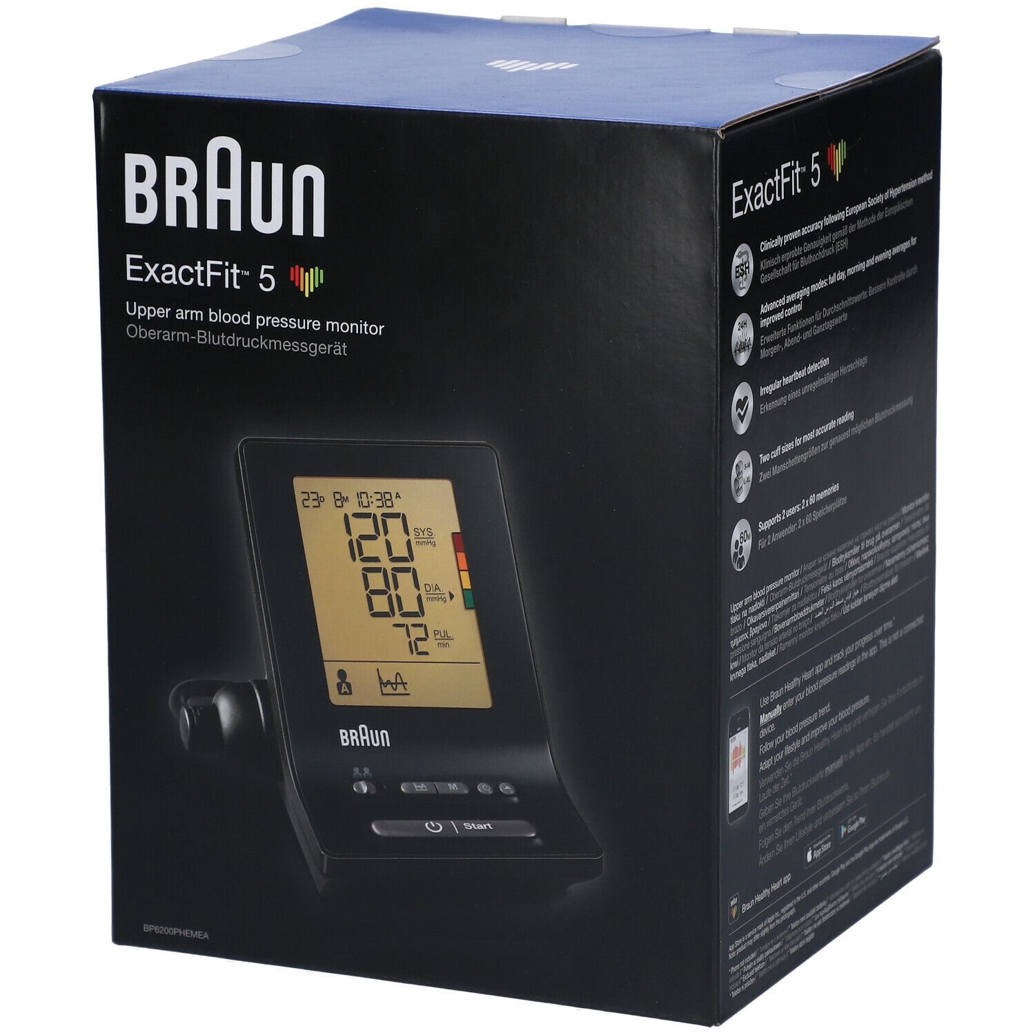 Boîte noire Braun ExactFit 5. Écran affichant les valeurs de la pression artérielle. Logo Braun en haut à gauche.