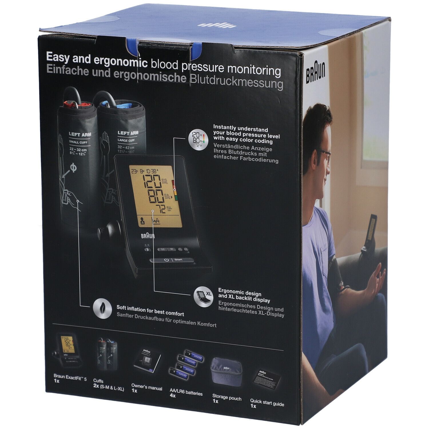 Dos de l'emballage Braun ExactFit 5. Images du produit, code QR, texte. Accessoires illustrés.
