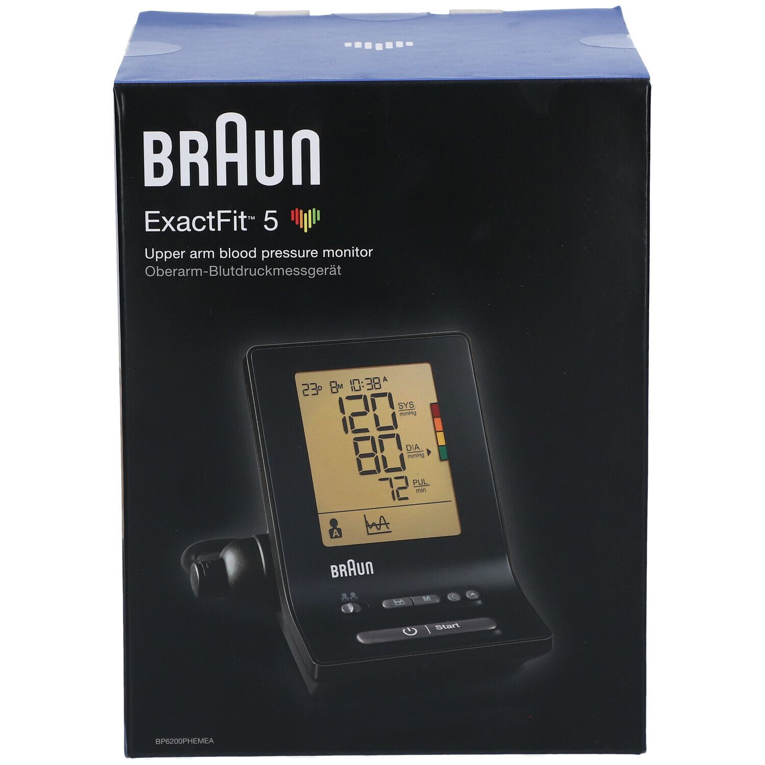 Boîte noire avec Braun ExactFit 5. Appareil avec écran. Logo Braun et bouton de démarrage.
