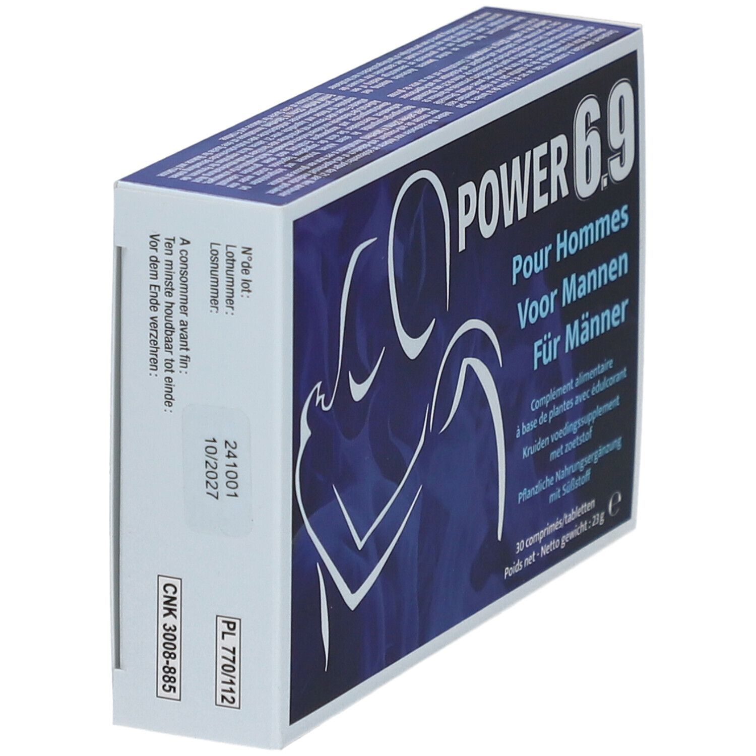 Boîte "POWER 6.9" avec texte en allemand, français, néerlandais. Vue latérale avec numéro de lot.