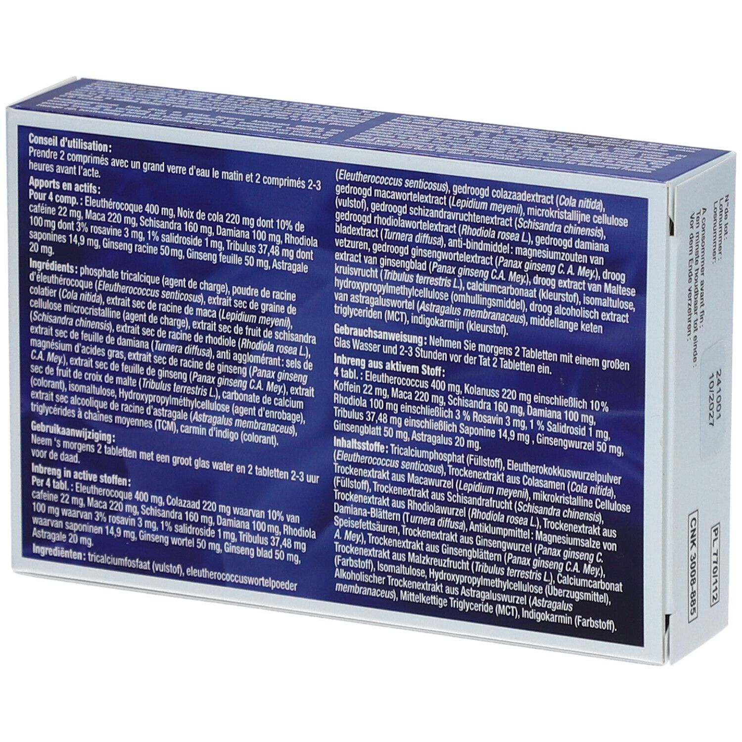 Dos de la boîte "POWER 6.9". Texte avec ingrédients et instructions en plusieurs langues.