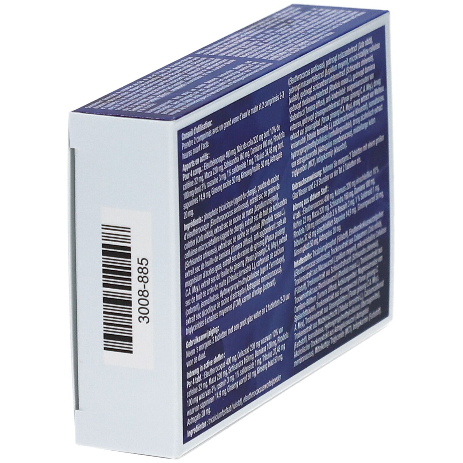Vue latérale de la boîte "POWER 6.9" avec code-barres et texte. Texte multilingue.