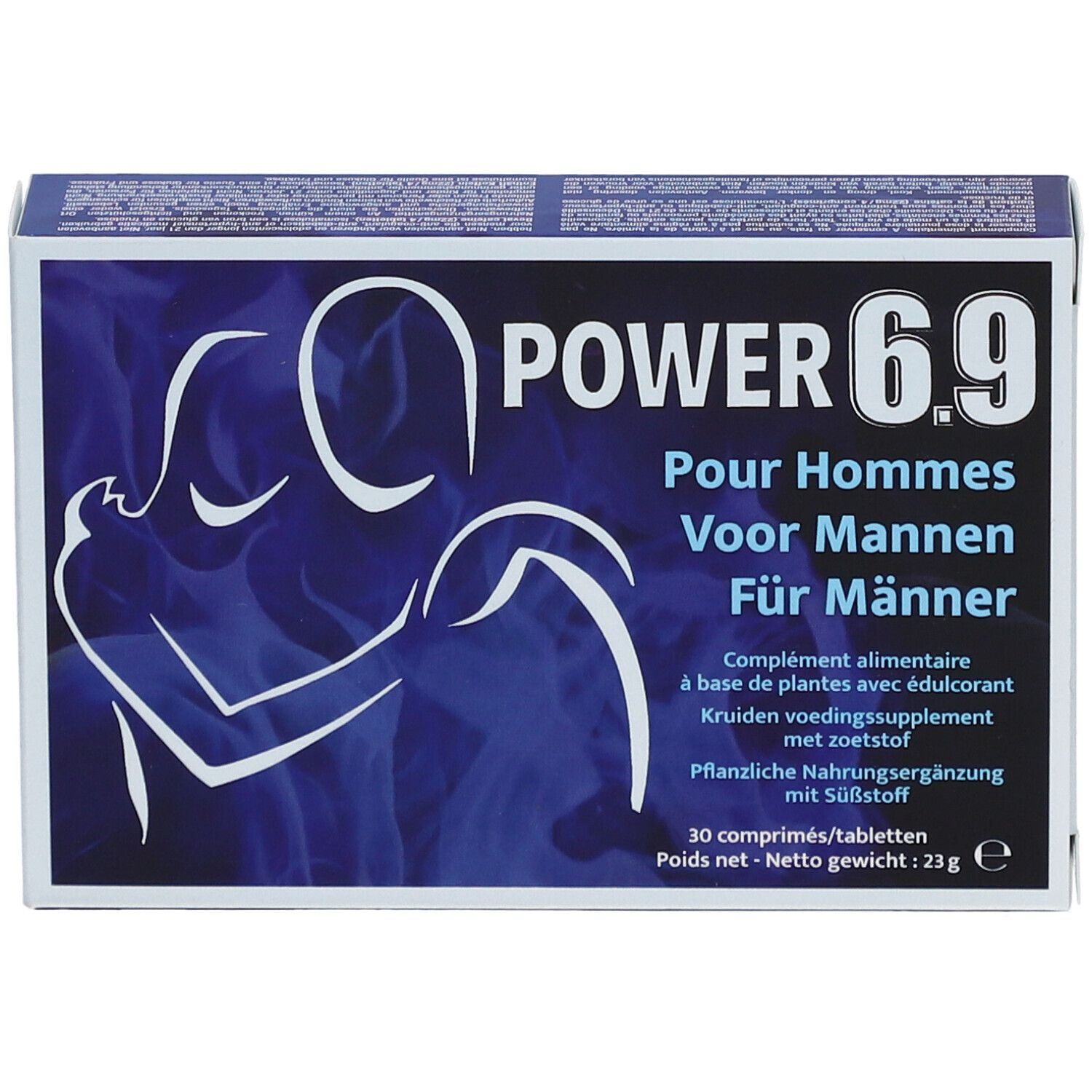 Boîte "POWER 6.9" avec logo et texte en allemand, français, néerlandais. 30 comprimés, 23g.