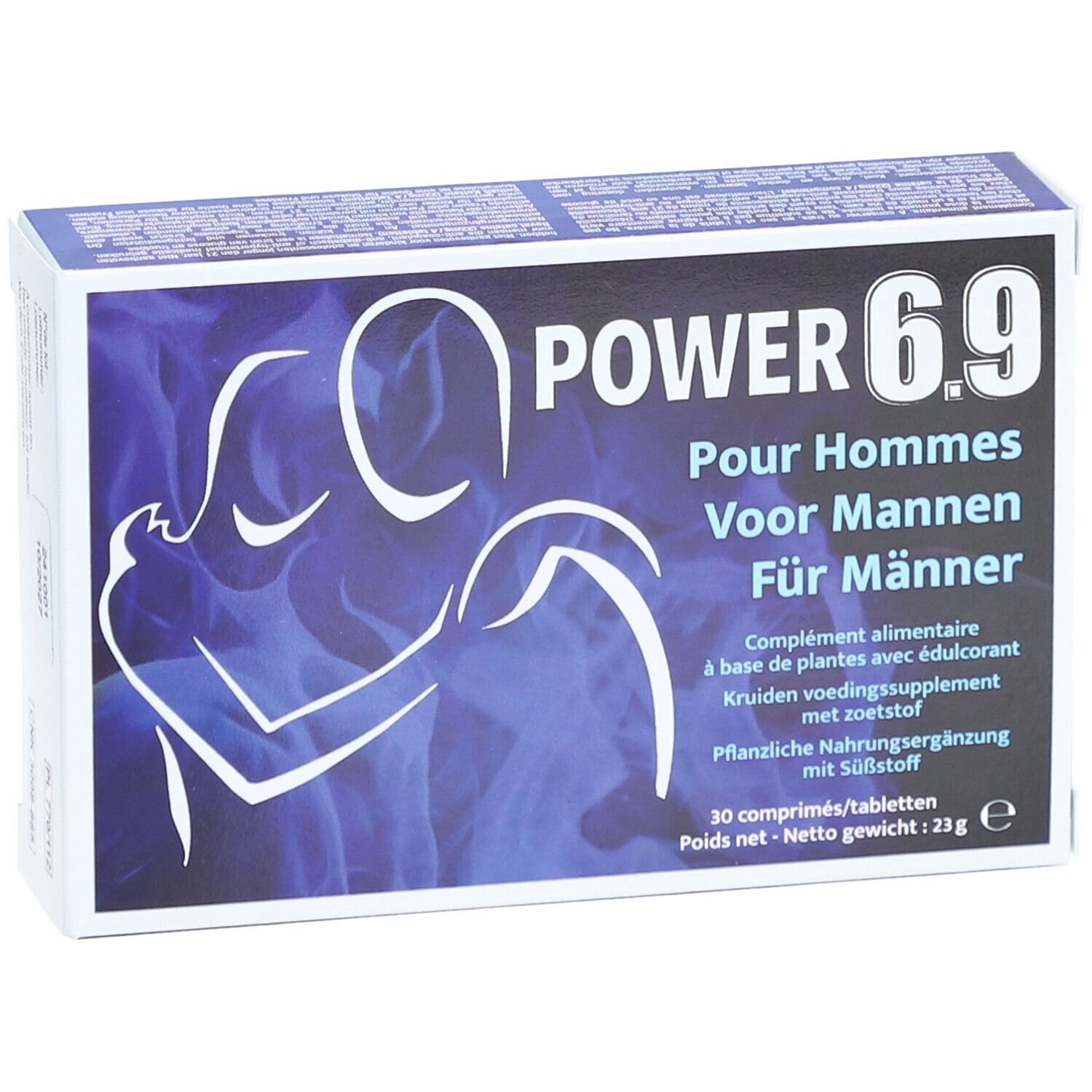 Boîte "POWER 6.9" avec logo et texte en allemand, français, néerlandais. 30 comprimés, 23g.