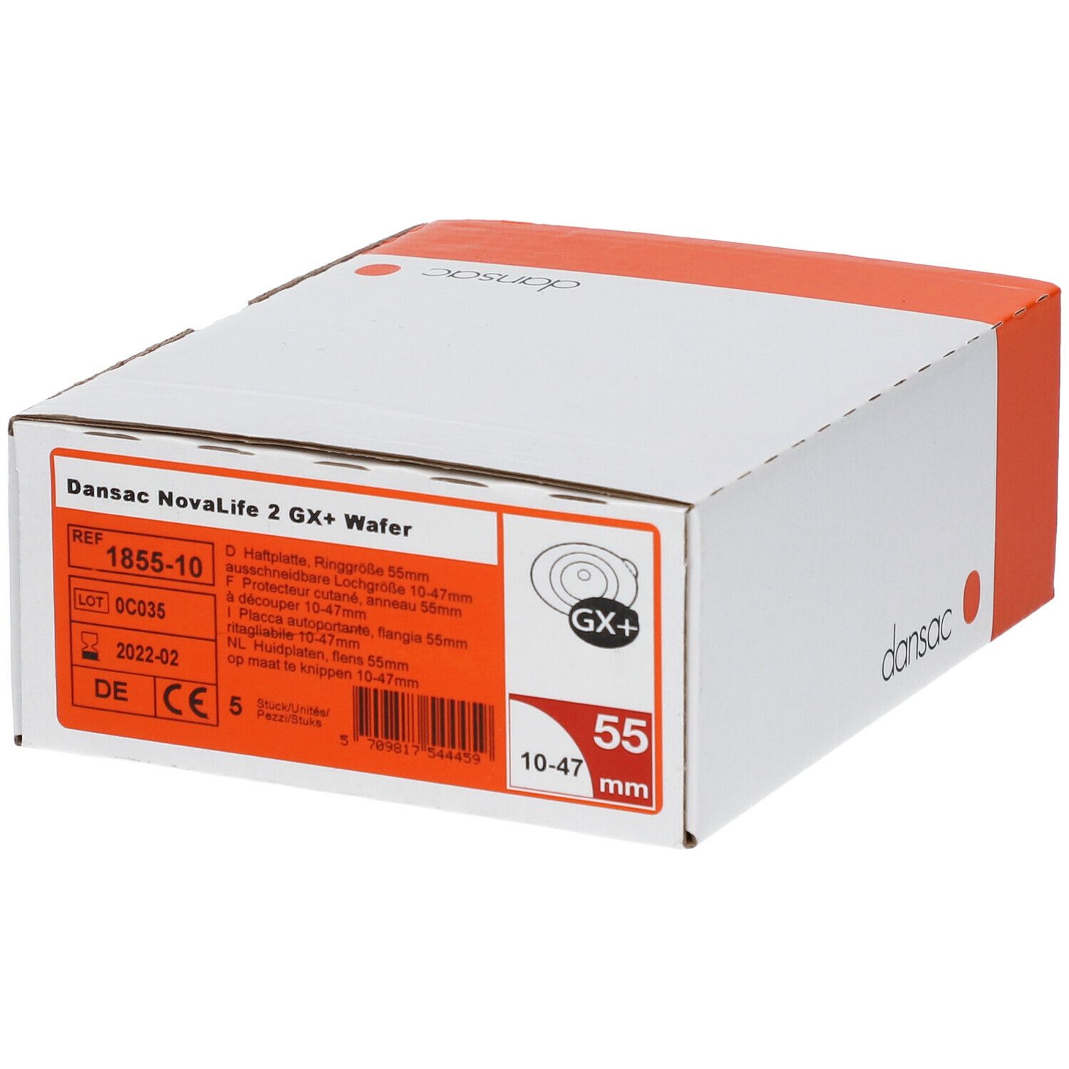 Boîte de Dansac NovaLife 2 GX+ Wafer. Inscriptions : nom du produit, tailles, référence, numéro de lot, marquage CE.
