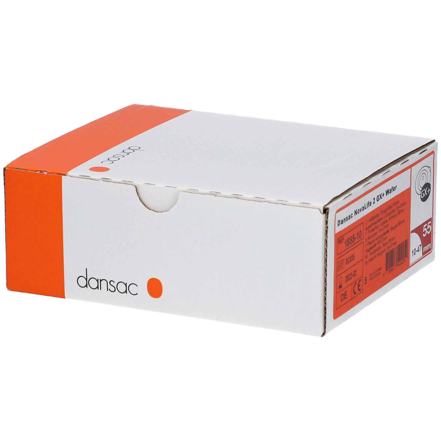 Boîte de Dansac NovaLife 2 GX+ Wafer. Inscriptions : nom du produit, tailles, référence, numéro de lot, marquage CE.