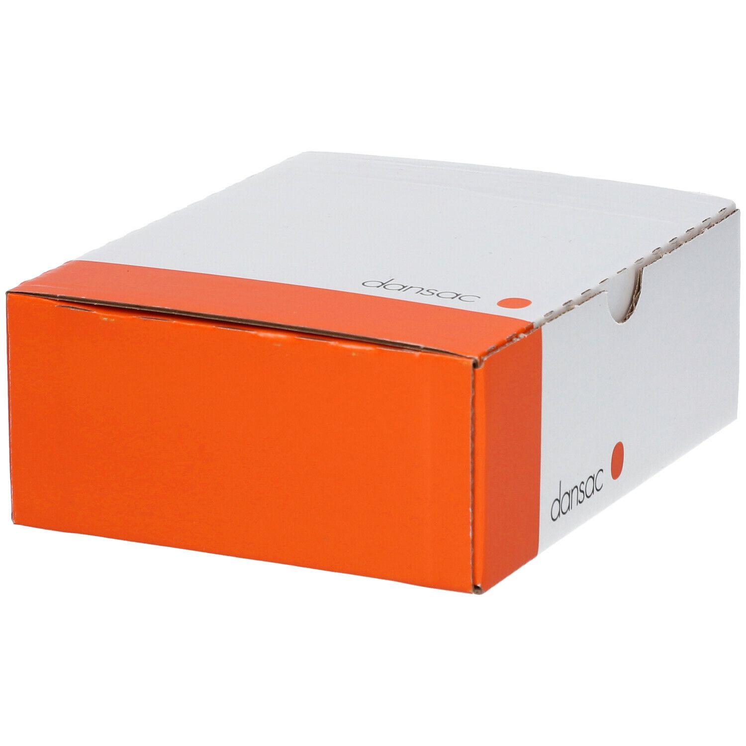 Emballage blanc et orange. Impression : logo Dansac. Nom du produit non visible. Forme carrée.