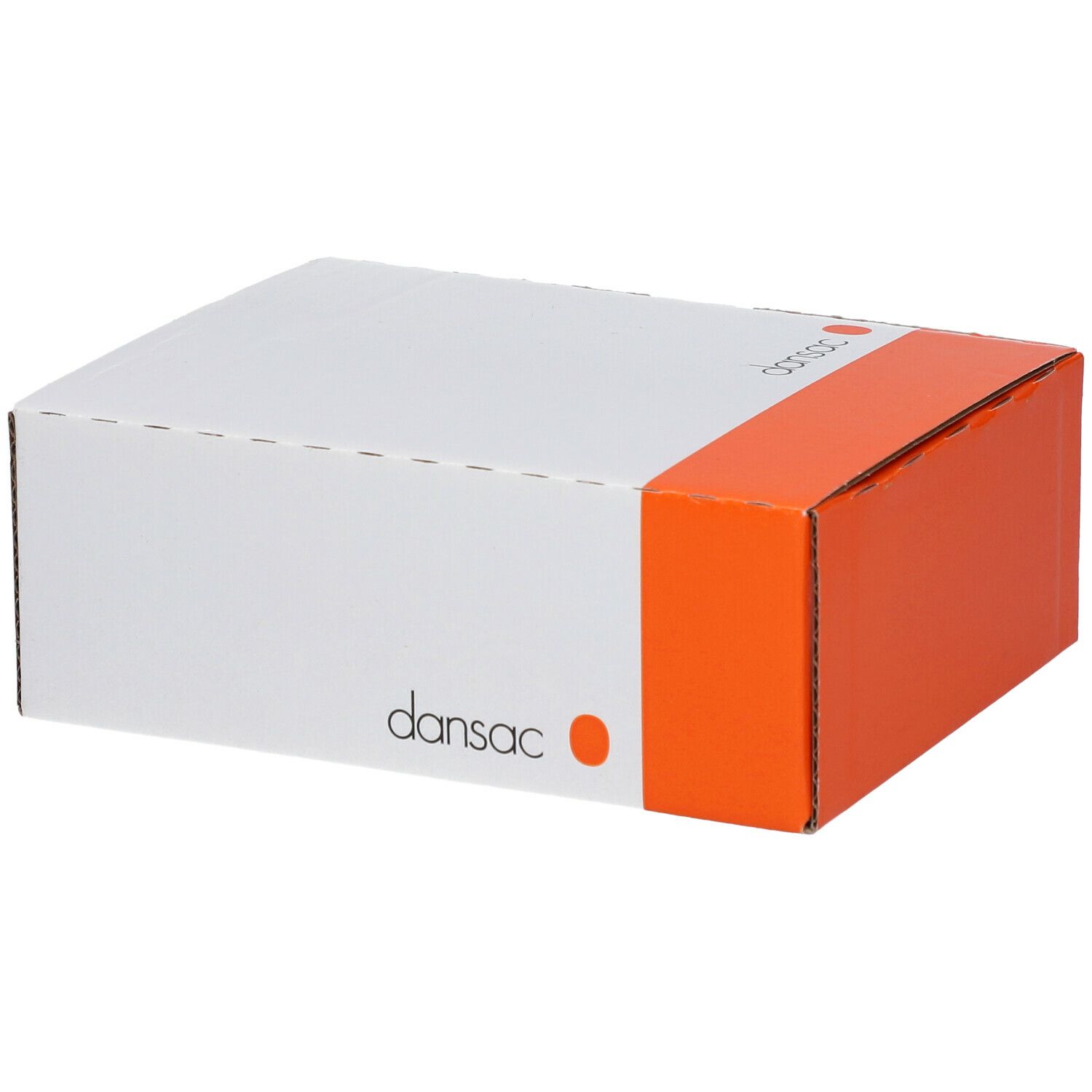 Emballage blanc et orange. Impression : logo Dansac. Nom du produit non visible. Forme carrée.