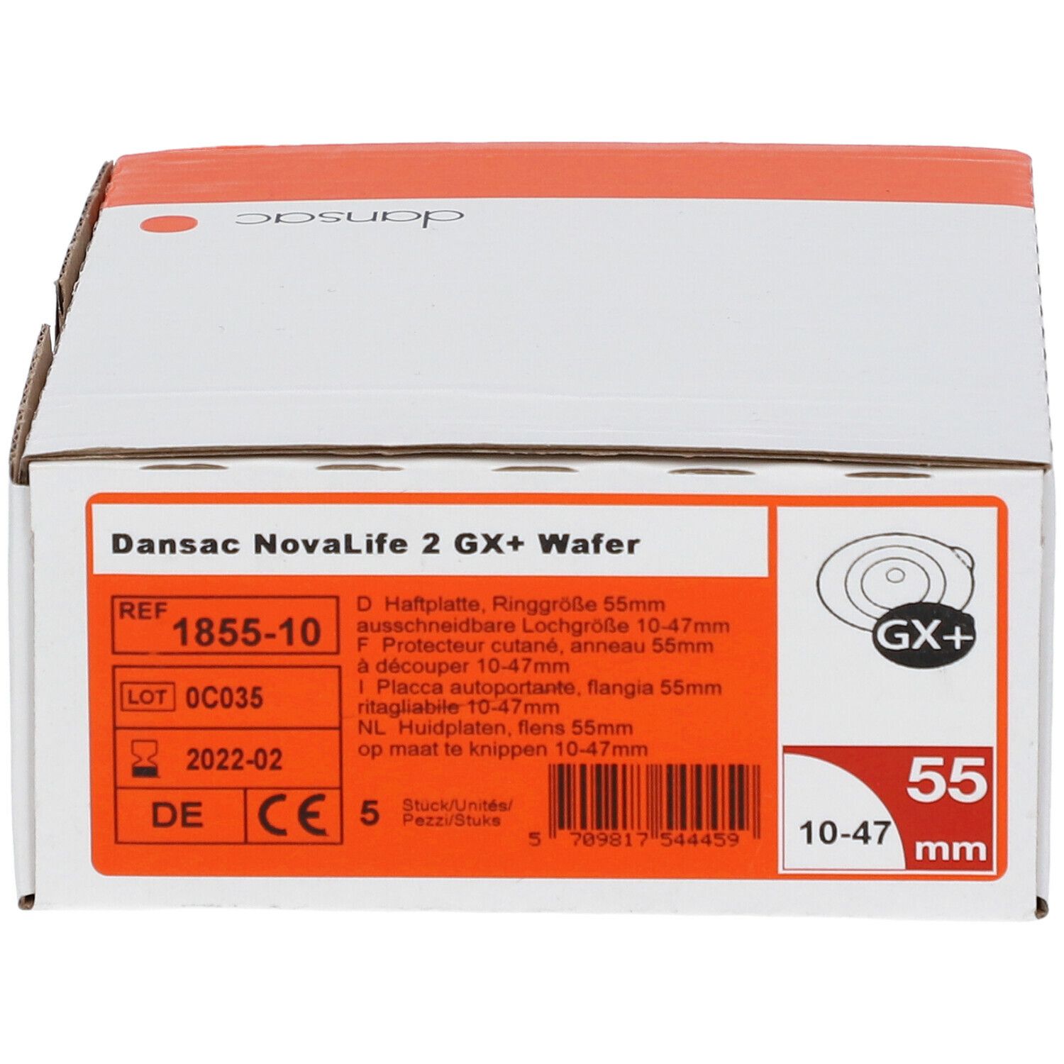 Boîte de Dansac NovaLife 2 GX+ Wafer. Inscriptions : nom du produit, tailles, référence, numéro de lot, marquage CE.