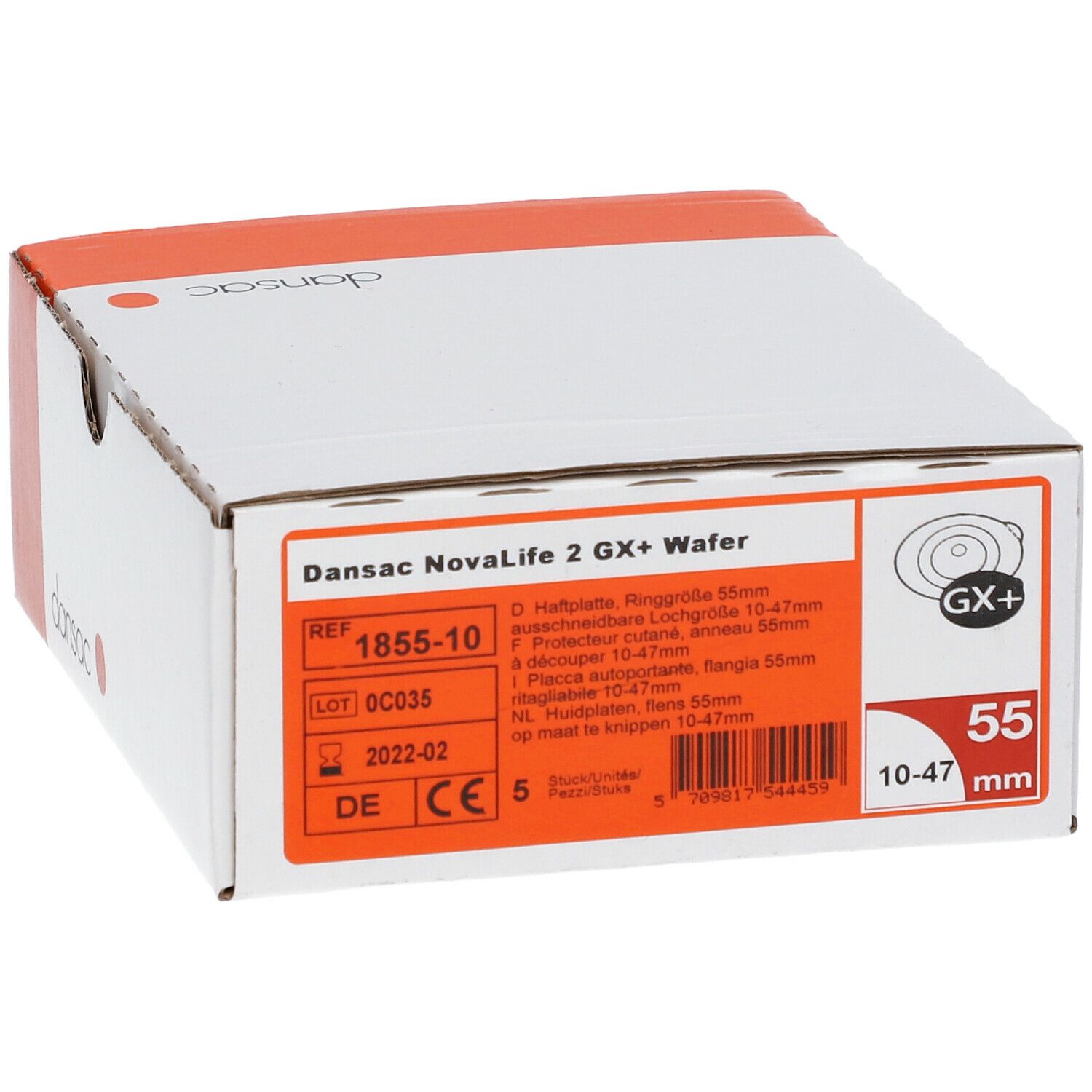 Boîte de Dansac NovaLife 2 GX+ Wafer. Inscriptions : nom du produit, tailles, référence, numéro de lot, marquage CE.