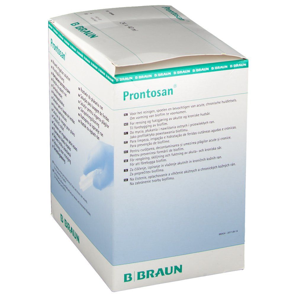 Emballage ouvert de Prontosan® Wundspüllösung. Boîte blanche avec détails verts. Nom et logo du produit visibles.