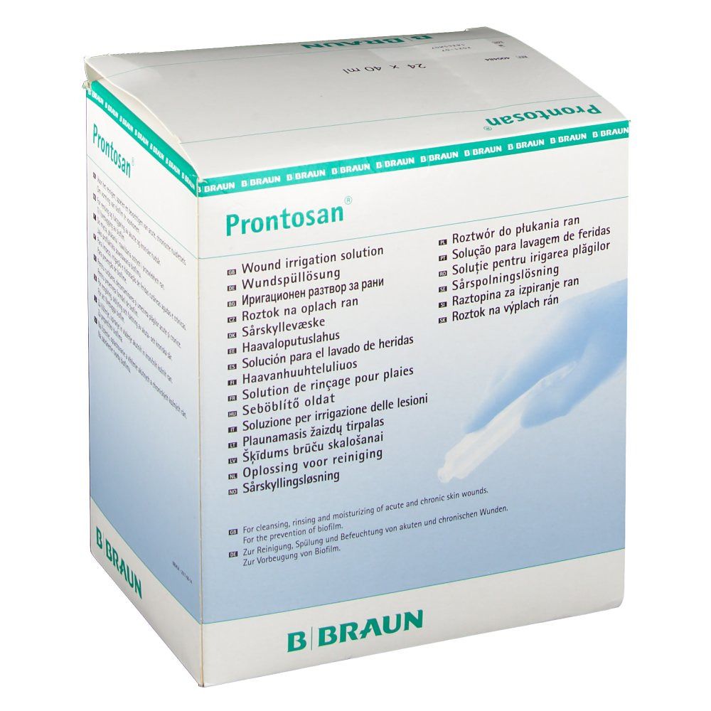 Emballage de Prontosan® Wundspüllösung. Boîte blanche avec accents verts. Nom du produit et logo visibles.