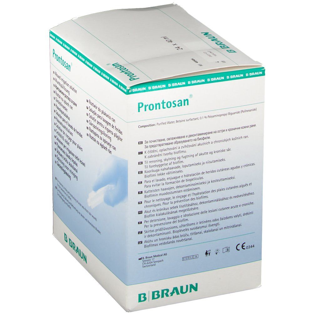 Emballage ouvert de Prontosan® Wundspüllösung. Boîte blanche avec détails verts. Nom et logo du produit visibles.