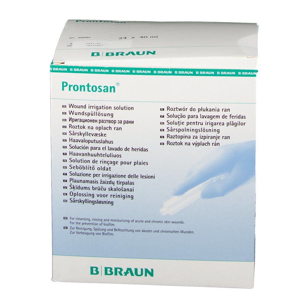 Emballage de Prontosan® Wundspüllösung. Boîte blanche avec accents verts. Nom du produit et logo visibles.