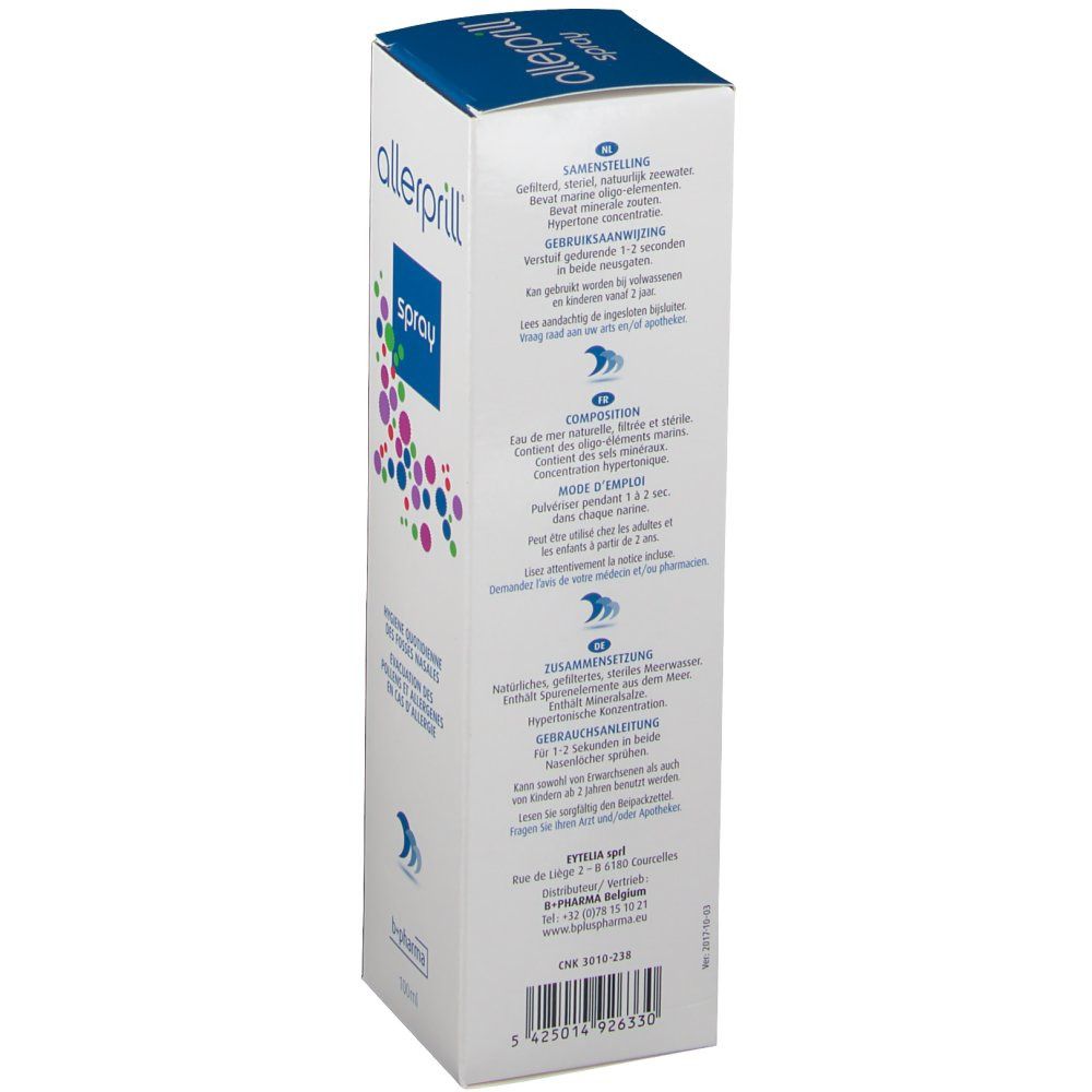Dos de la boîte Allerprill Spray. Texte en plusieurs langues. Informations sur les ingrédients et l'utilisation.