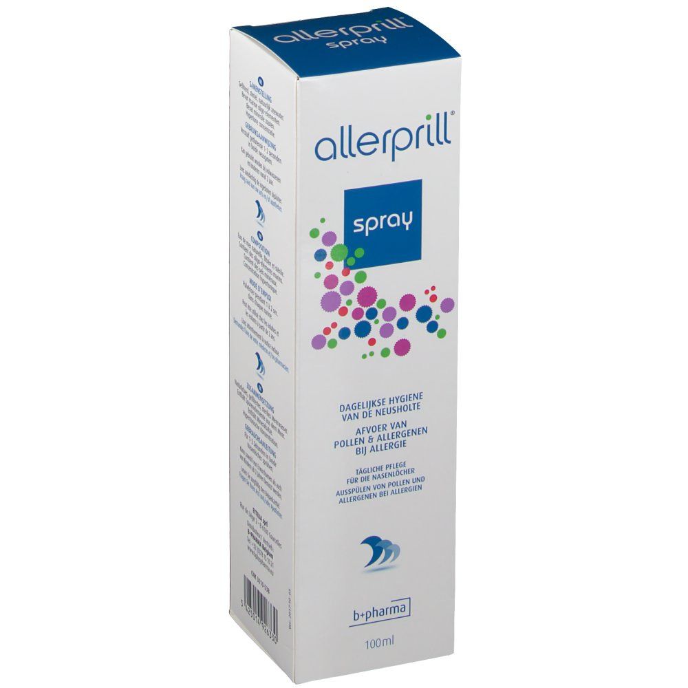 Boîte Allerprill Spray. Emballage bleu et blanc avec nom du produit et points colorés. Texte en néerlandais.