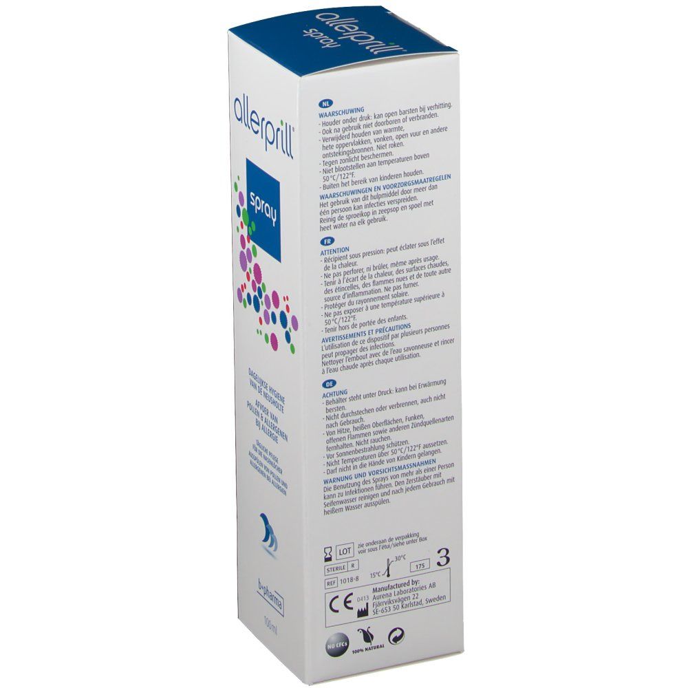 Dos de la boîte Allerprill Spray. Texte en plusieurs langues. Informations sur les ingrédients et l'utilisation.